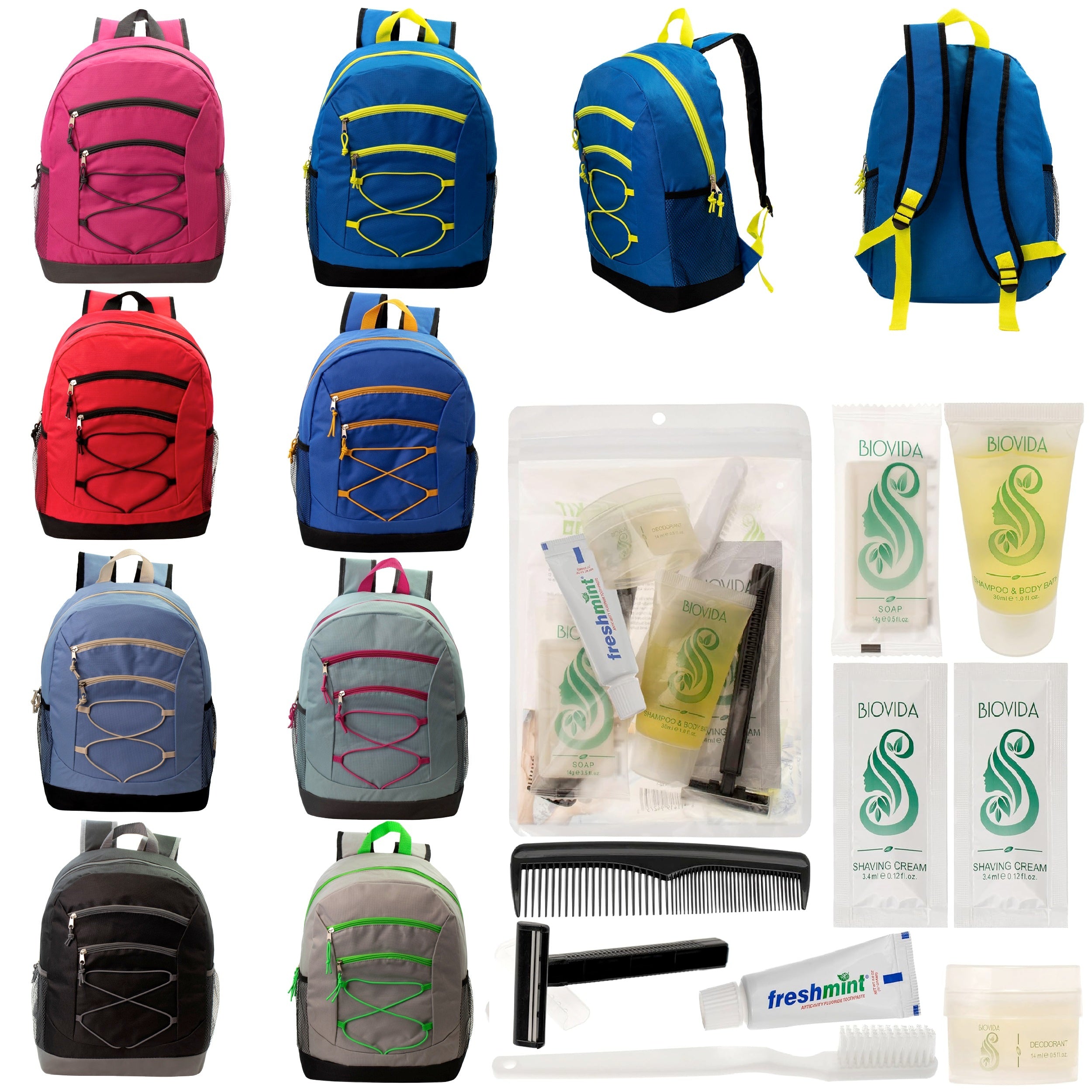 12 Bungee 17" Backpacks in 8 Colors & Your Choice of 12 Bulk Hygiene Kits - Wholesale Care Package: Homeless, Emergency, Charity