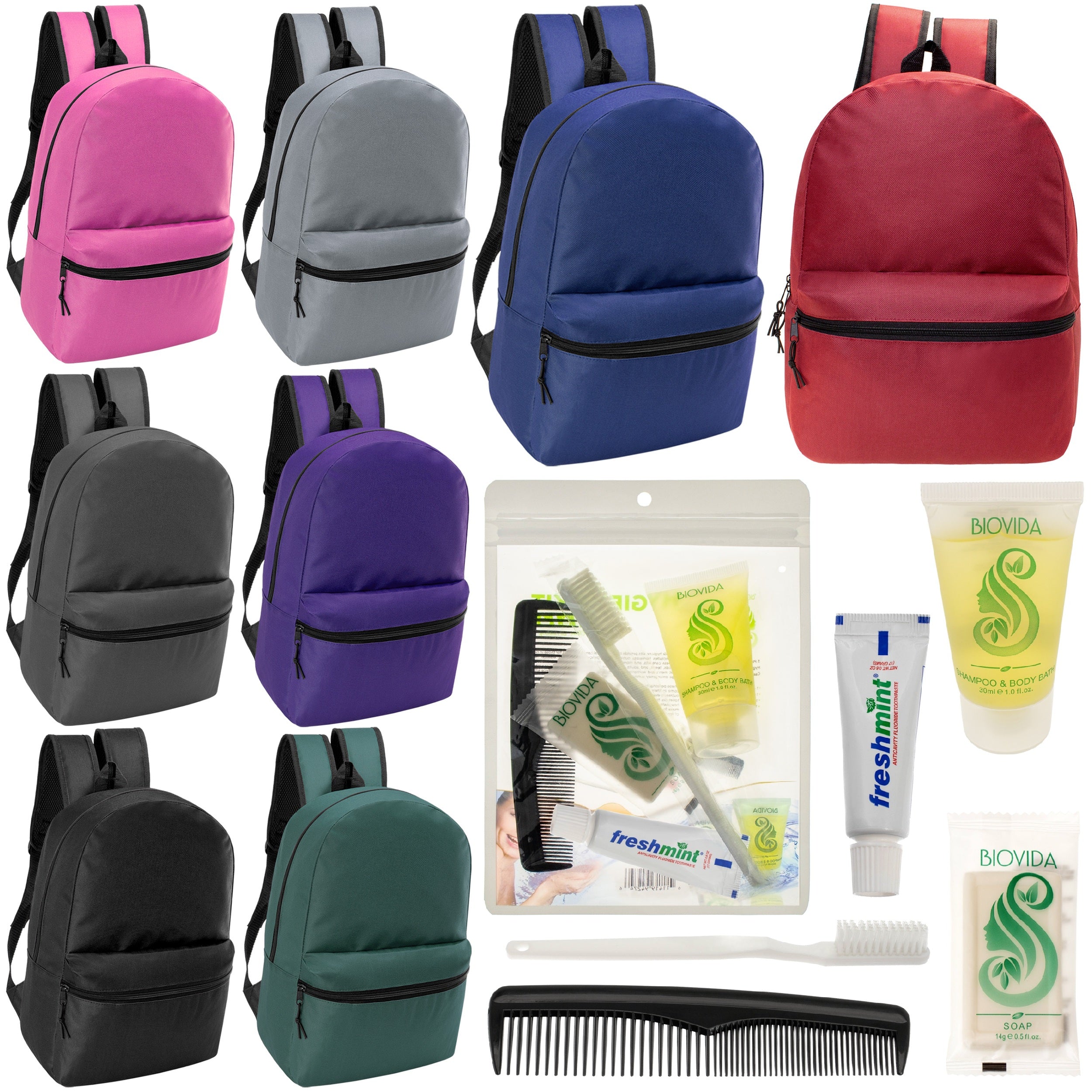12 Classic 17" Backpacks in 8 Assorted Colors & Your Choice of 12 Bulk Hygiene Kits - Wholesale Care Package: Homeless, Emergency, Charity