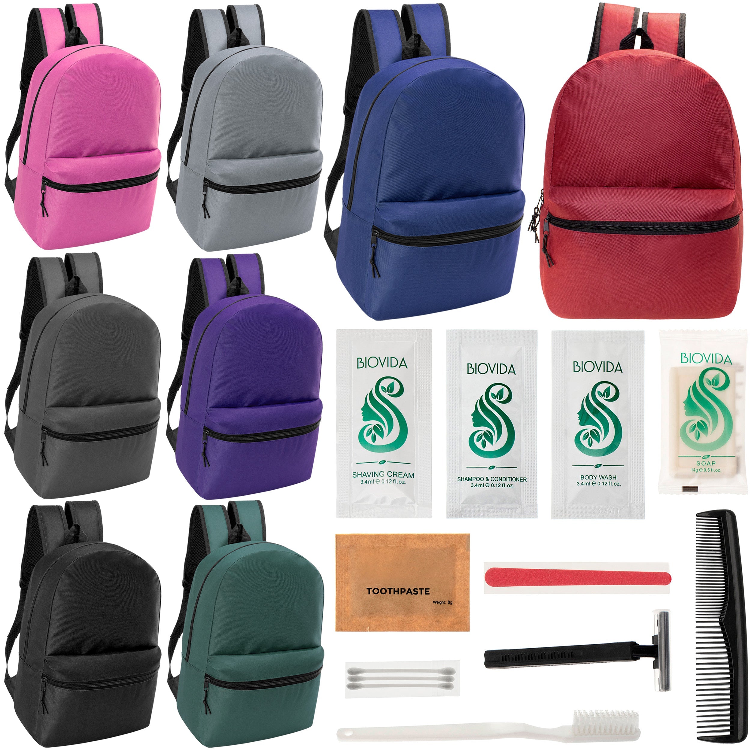 12 Classic 17" Backpacks in 8 Assorted Colors & Your Choice of 12 Bulk Hygiene Kits - Wholesale Care Package: Homeless, Emergency, Charity