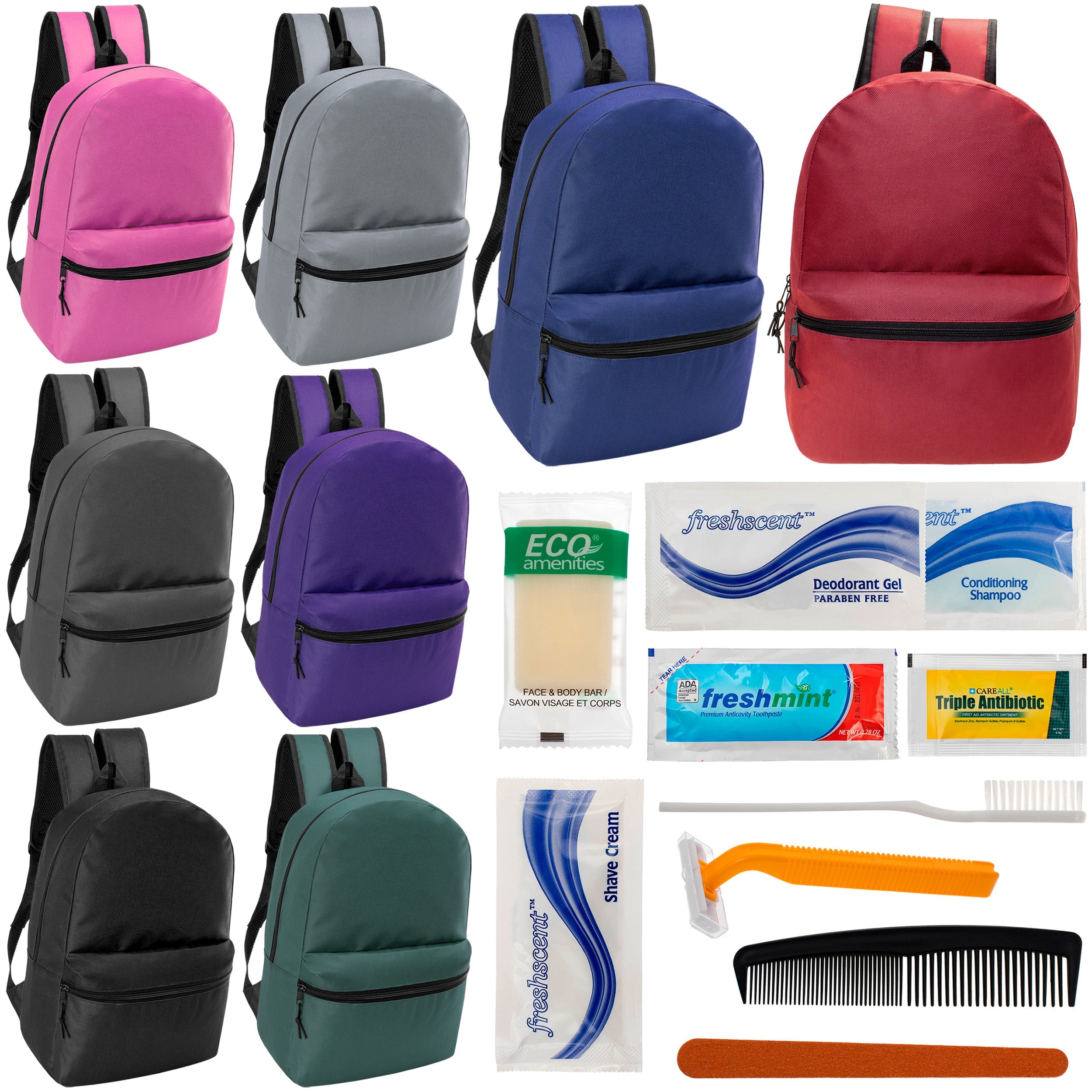 12 Classic 17" Backpacks in 8 Assorted Colors & Your Choice of 12 Bulk Hygiene Kits - Wholesale Care Package: Homeless, Emergency, Charity