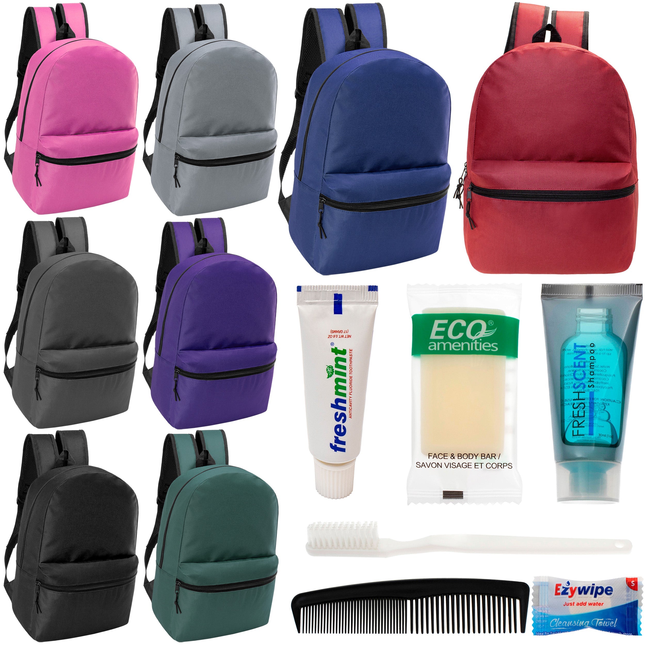 12 Classic 17" Backpacks in 8 Assorted Colors & Your Choice of 12 Bulk Hygiene Kits - Wholesale Care Package: Homeless, Emergency, Charity