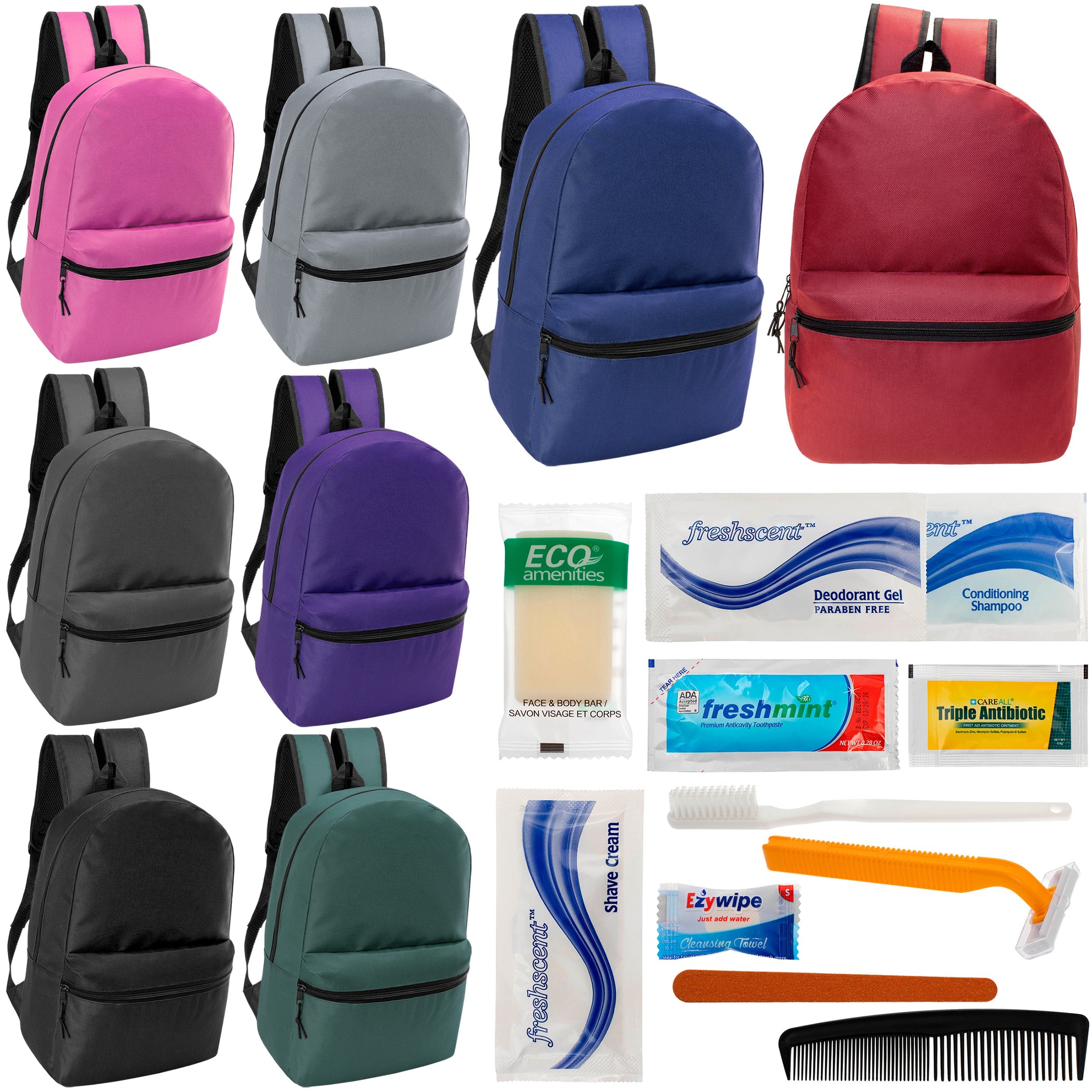 12 Classic 17" Backpacks in 8 Assorted Colors & Your Choice of 12 Bulk Hygiene Kits - Wholesale Care Package: Homeless, Emergency, Charity