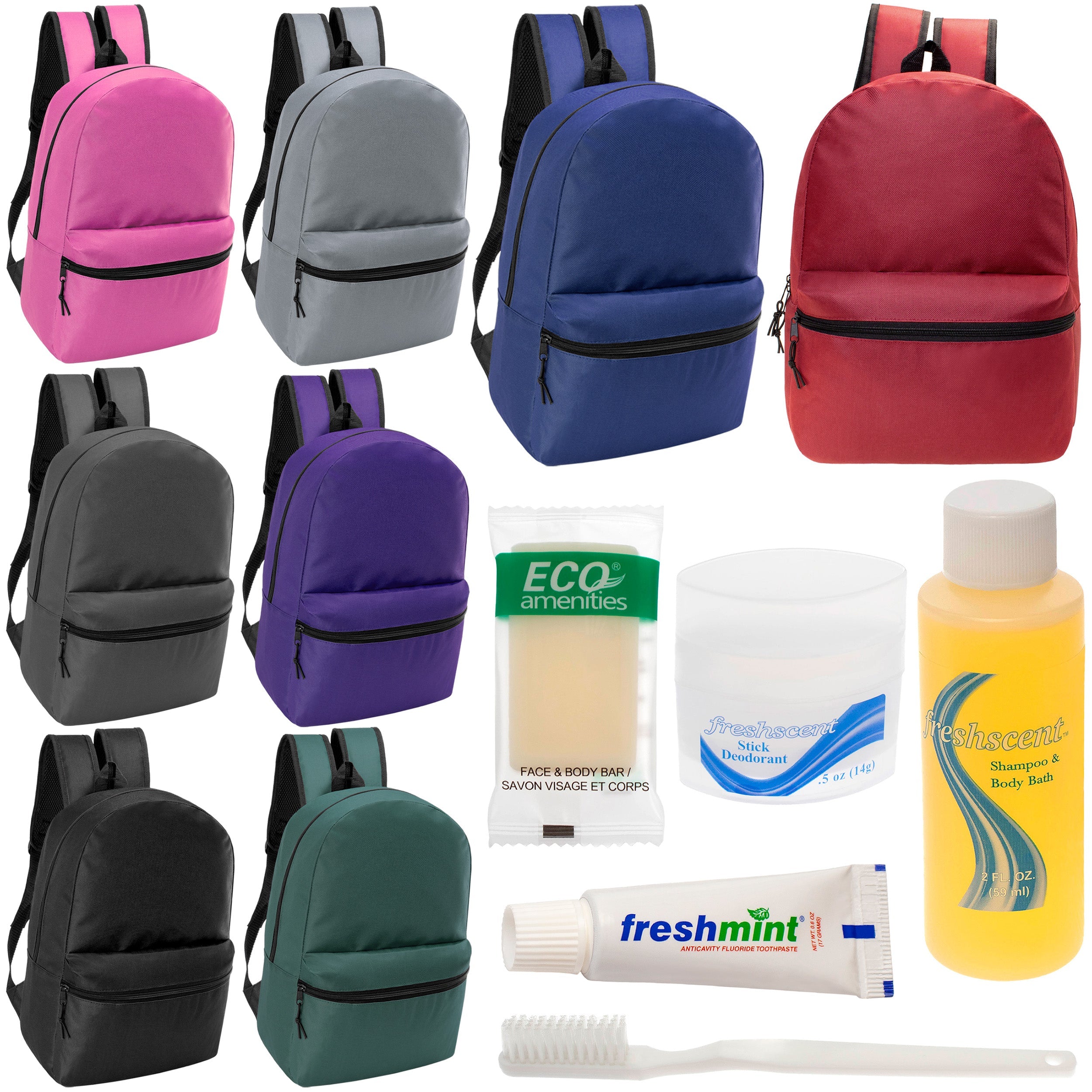 12 Classic 17" Backpacks in 8 Assorted Colors & Your Choice of 12 Bulk Hygiene Kits - Wholesale Care Package: Homeless, Emergency, Charity