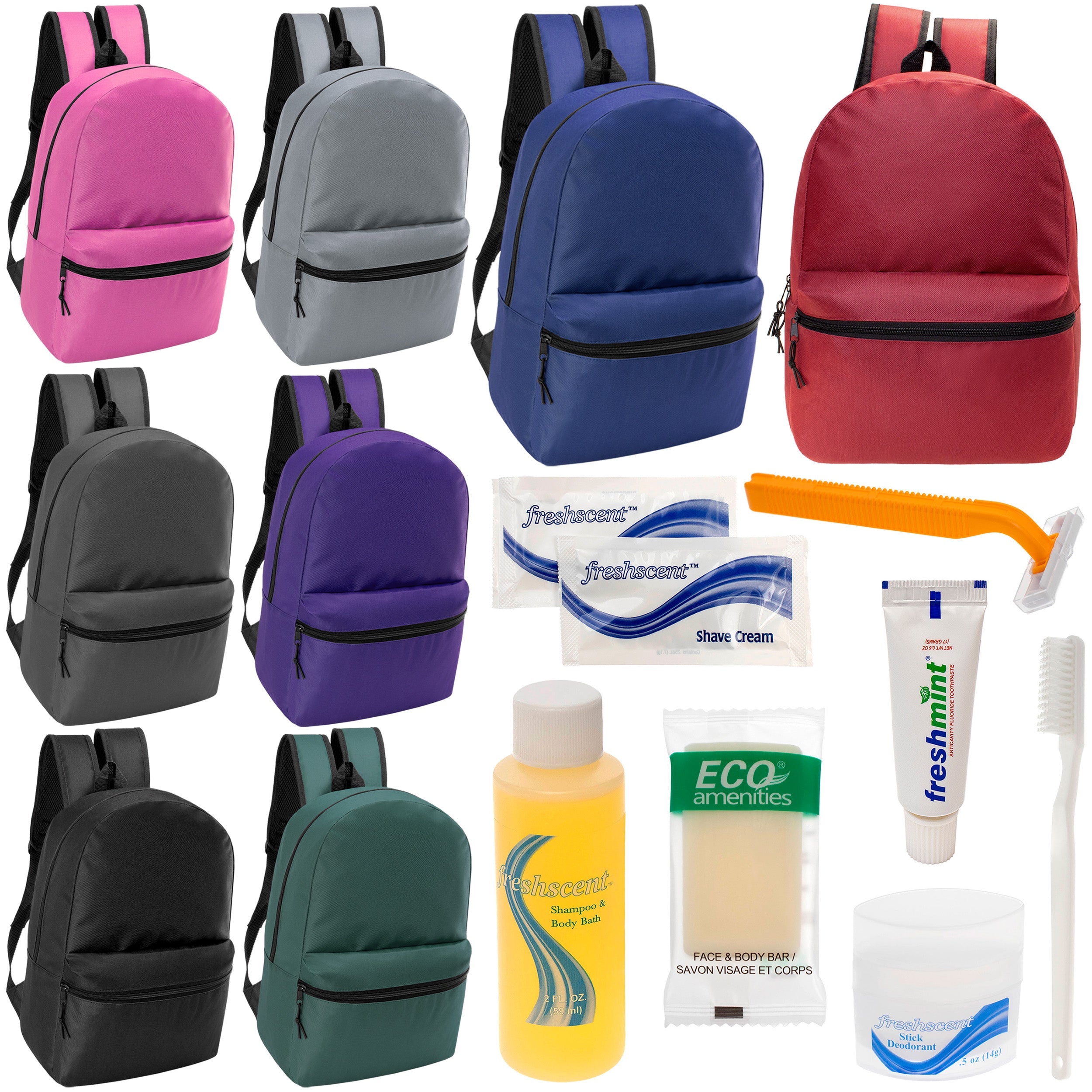 12 Classic 17" Backpacks in 8 Assorted Colors & Your Choice of 12 Bulk Hygiene Kits - Wholesale Care Package: Homeless, Emergency, Charity
