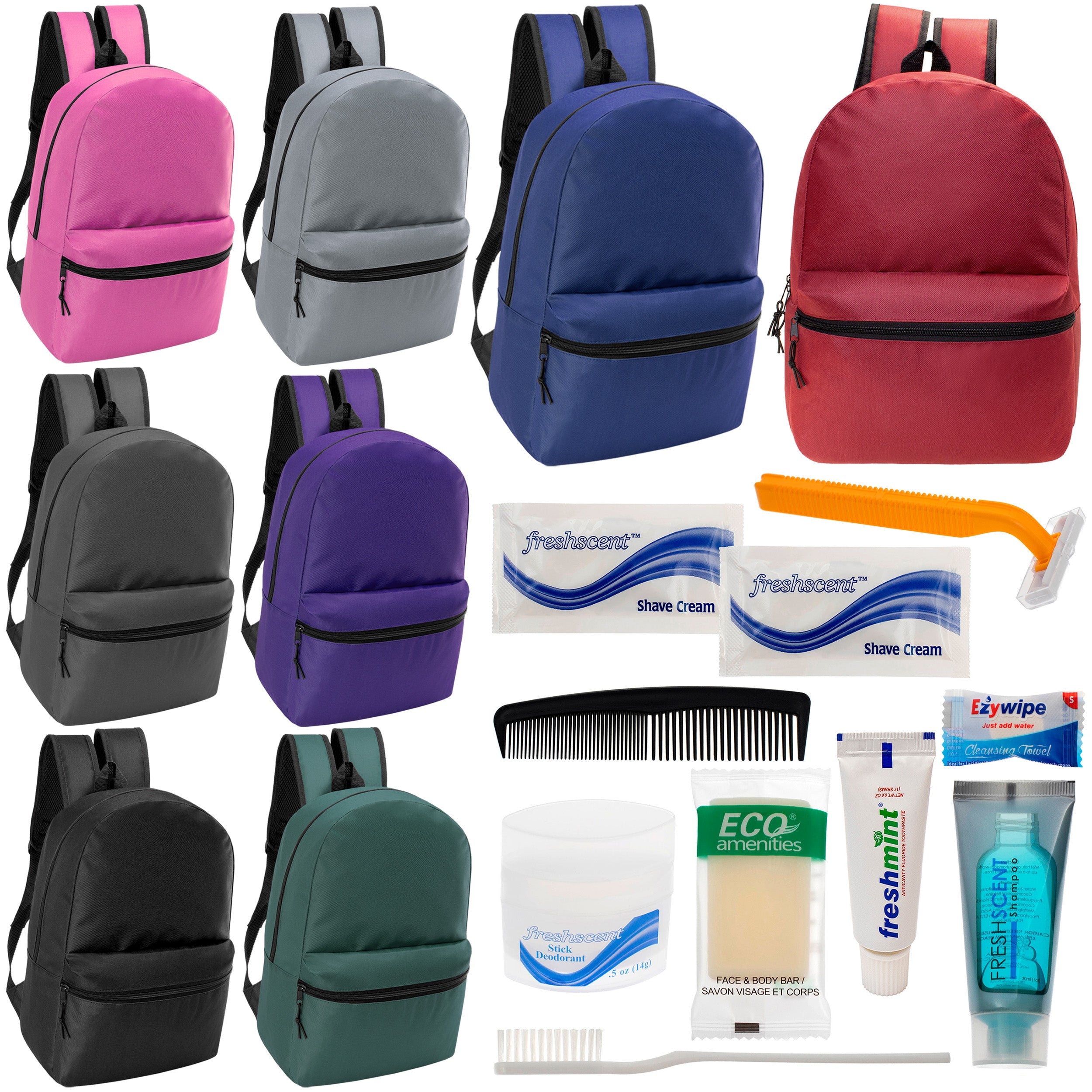 12 Classic 17" Backpacks in 8 Assorted Colors & Your Choice of 12 Bulk Hygiene Kits - Wholesale Care Package: Homeless, Emergency, Charity