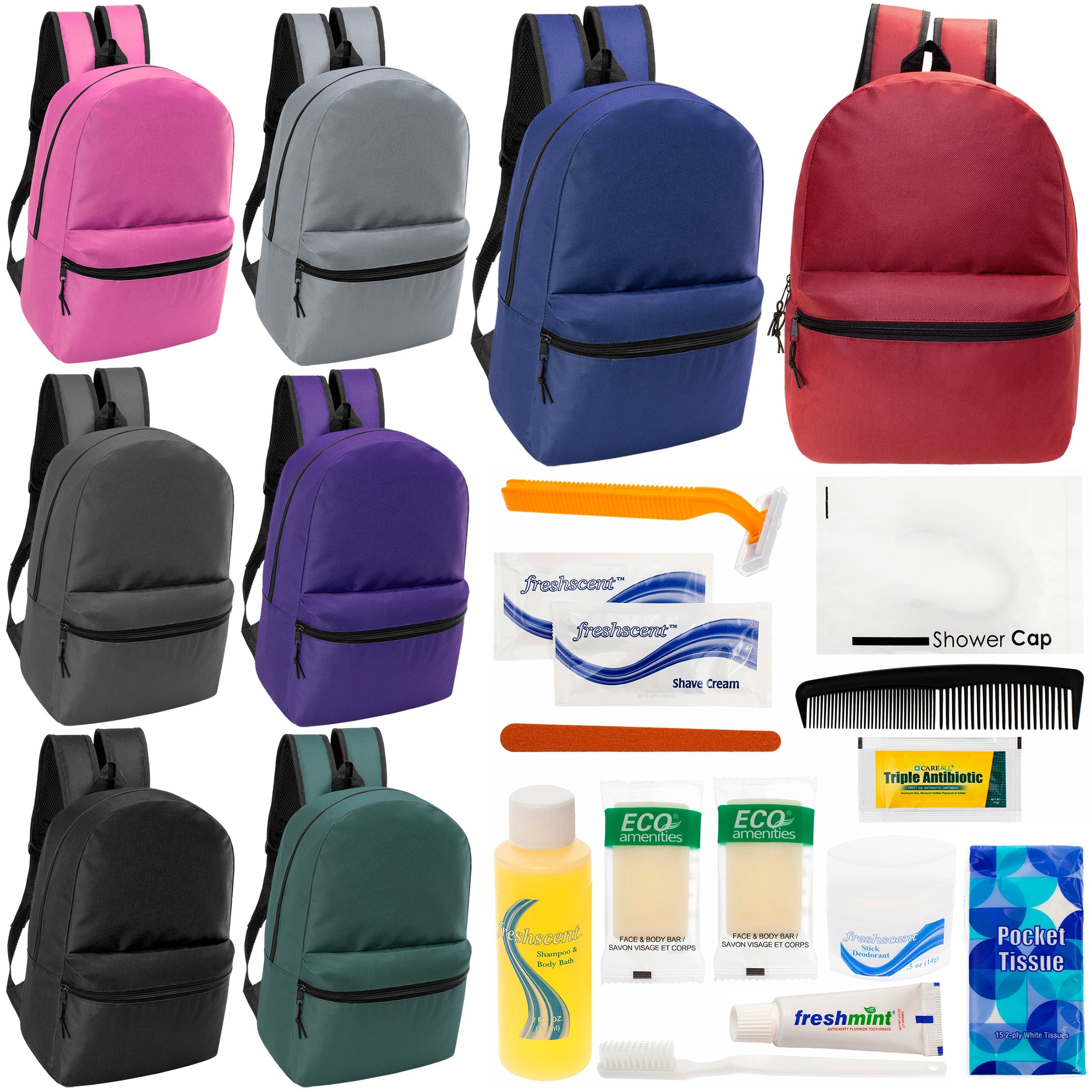 12 Classic 17" Backpacks in 8 Assorted Colors & Your Choice of 12 Bulk Hygiene Kits - Wholesale Care Package: Homeless, Emergency, Charity