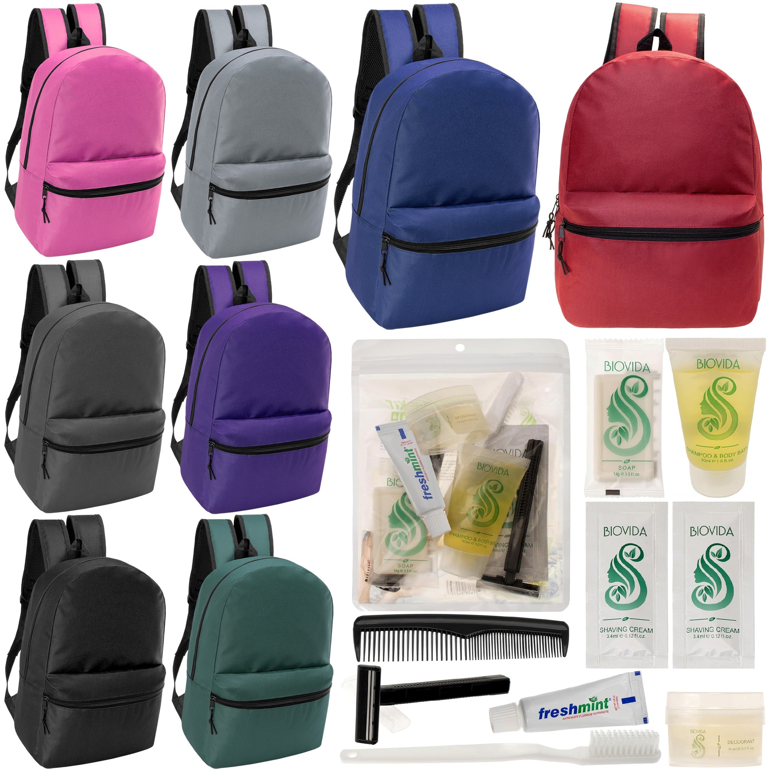 12 Classic 17" Backpacks in 8 Assorted Colors & Your Choice of 12 Bulk Hygiene Kits - Wholesale Care Package: Homeless, Emergency, Charity