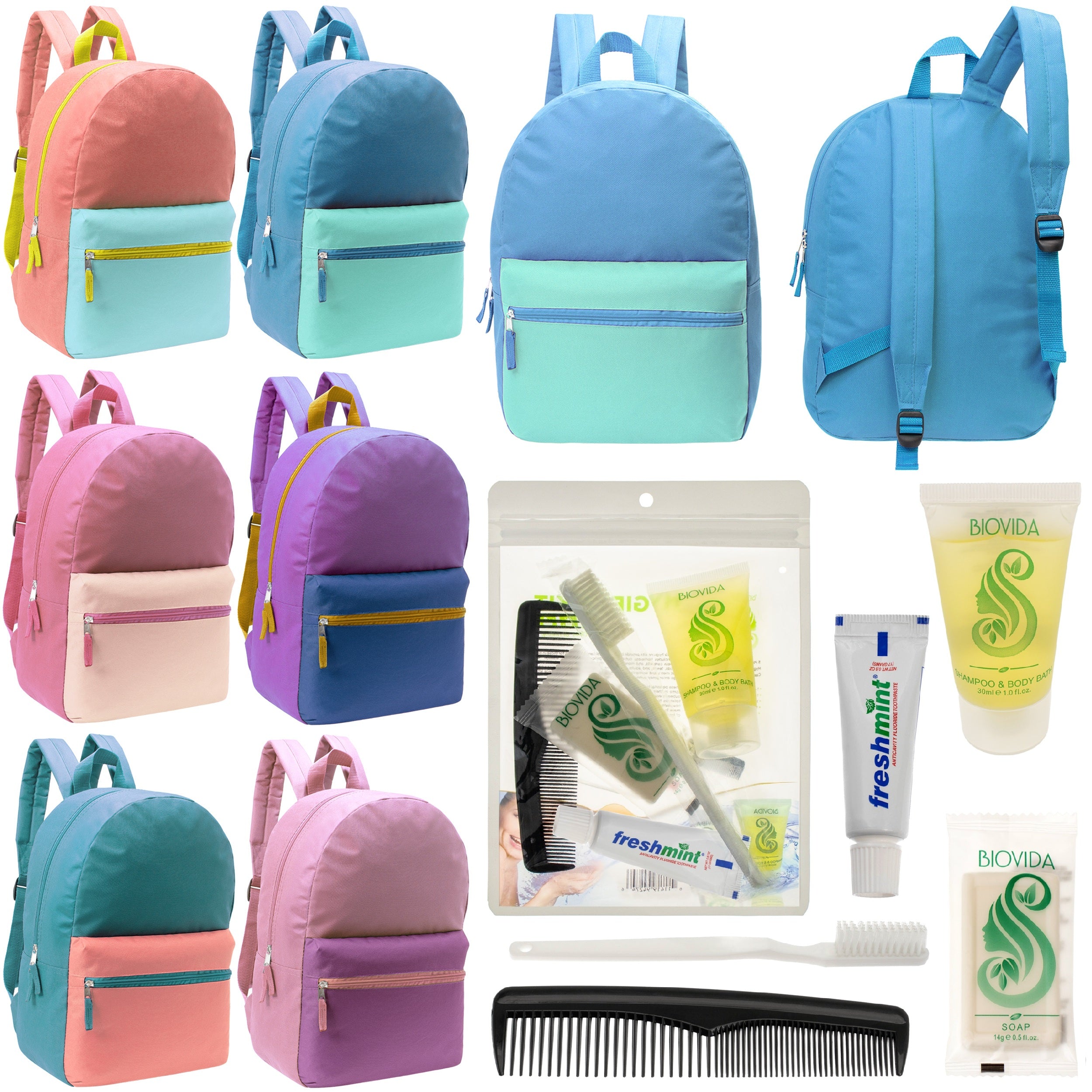12 17" Two Tone Backpacks in 6 Color Combinations & Your Choice of 12 Bulk Hygiene Kits - Wholesale Care Package: Homeless, Emergency, Charity