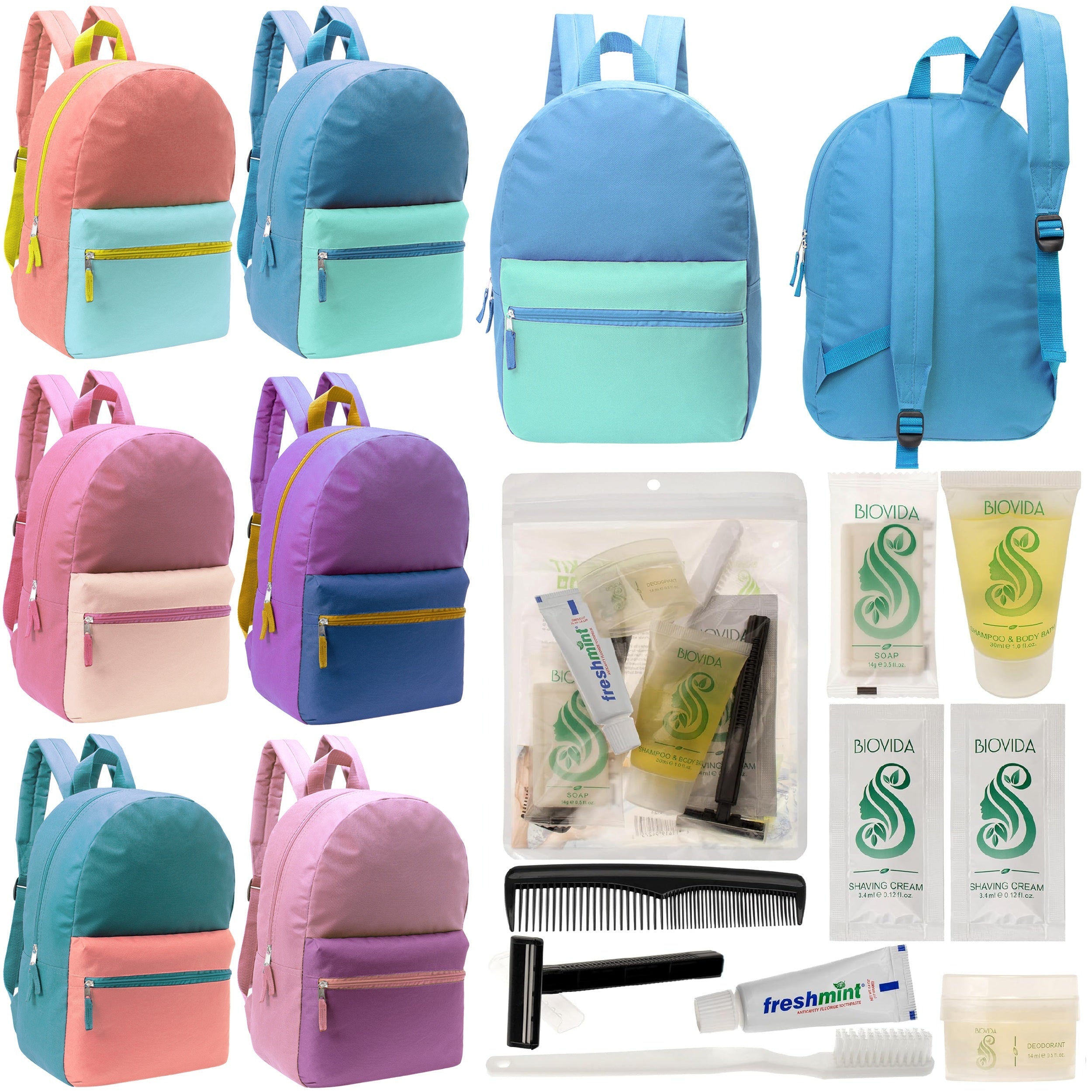 12 17" Two Tone Backpacks in 6 Color Combinations & Your Choice of 12 Bulk Hygiene Kits - Wholesale Care Package: Homeless, Emergency, Charity
