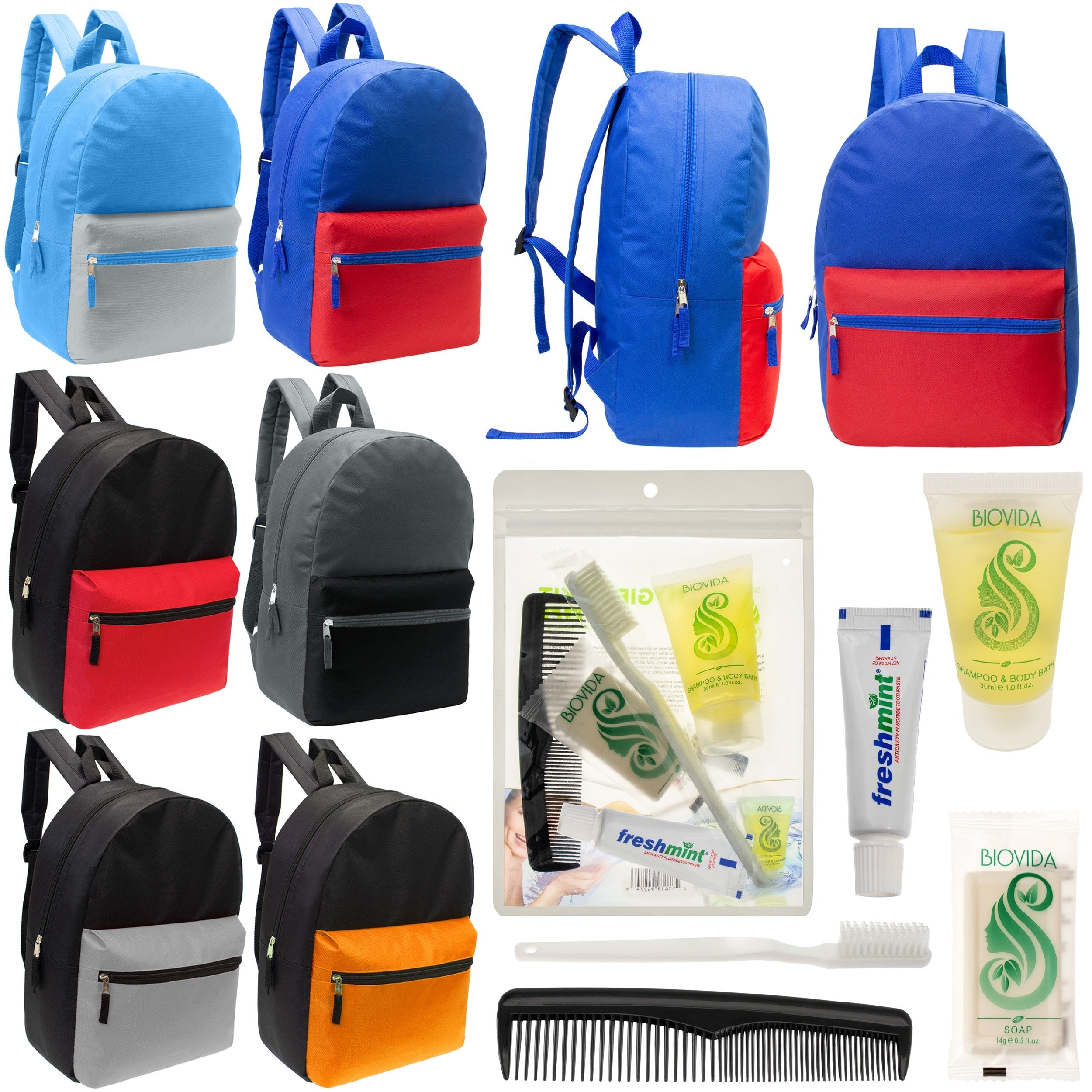 12 17" Classic Backpacks in 6 Two Tone Colors & Your Choice of 12 Bulk Hygiene Kits - Wholesale Care Package: Homeless, Emergency, Charity