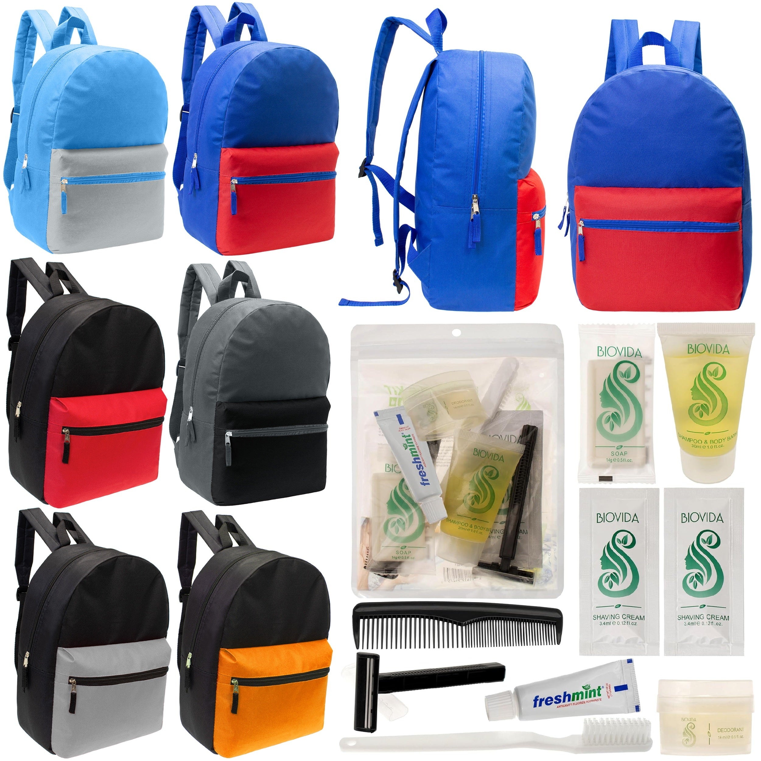 12 17" Classic Backpacks in 6 Two Tone Colors & Your Choice of 12 Bulk Hygiene Kits - Wholesale Care Package: Homeless, Emergency, Charity