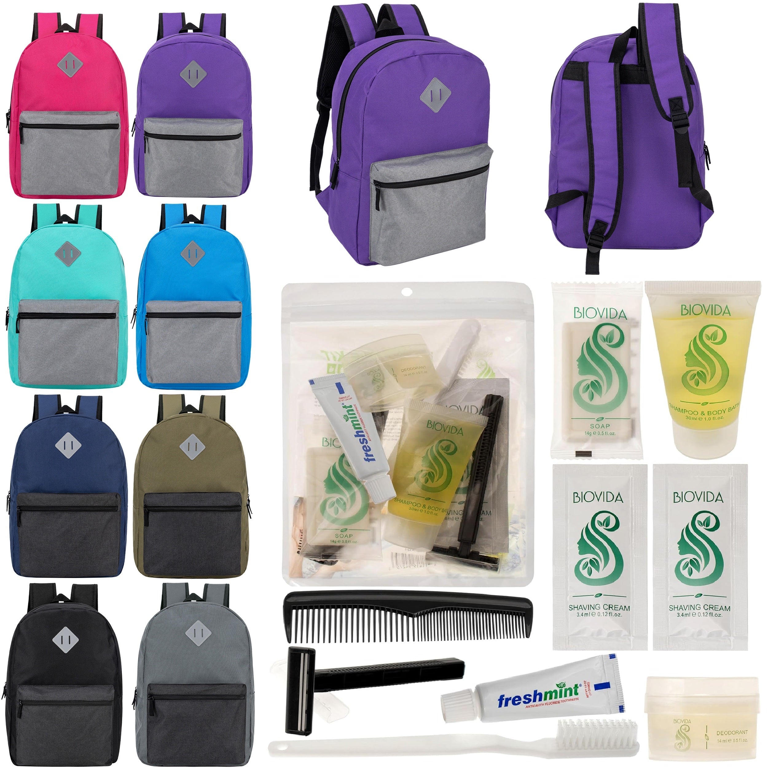12 Diamond Patch 17" Backpacks in Multi Colors & Your Choice of 12 Bulk Hygiene Kits - Wholesale Care Package: Homeless, Emergency, Charity