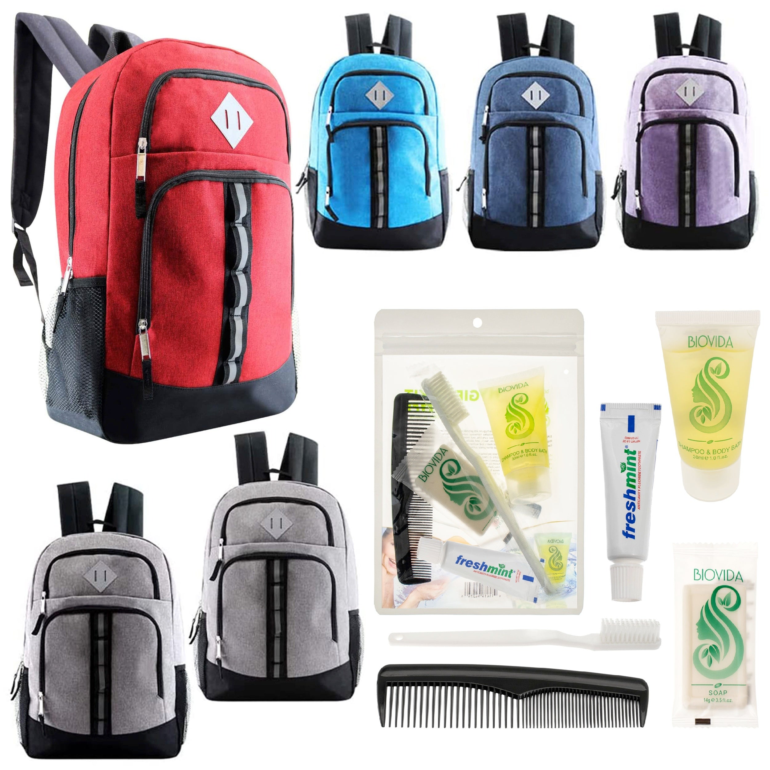12 Deluxe 18" Backpacks in 6 Colors & Your Choice of 12 Bulk Hygiene Kits - Wholesale Care Package: Homeless, Emergency, Charity