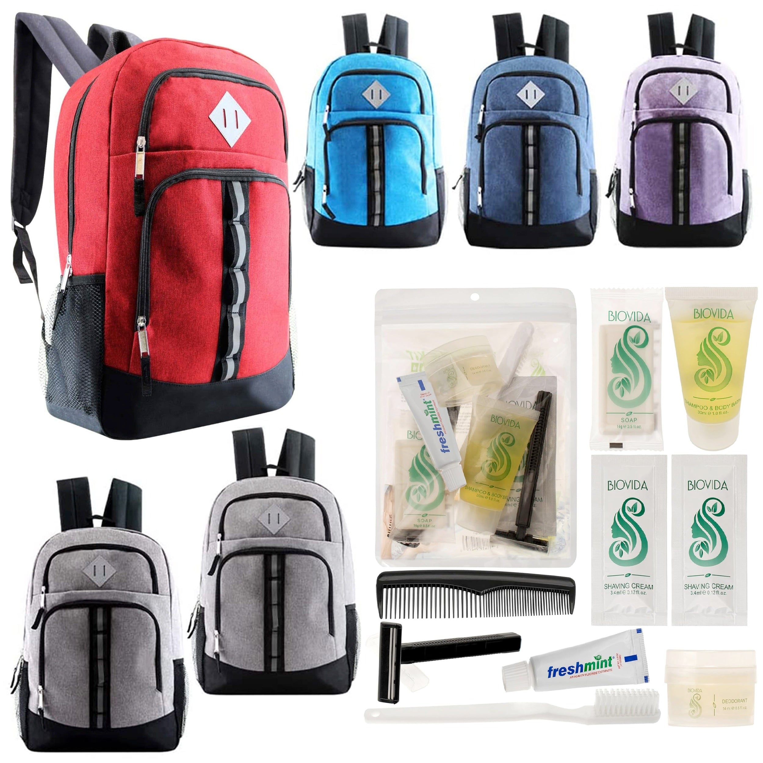 12 Deluxe 18" Backpacks in 6 Colors & Your Choice of 12 Bulk Hygiene Kits - Wholesale Care Package: Homeless, Emergency, Charity