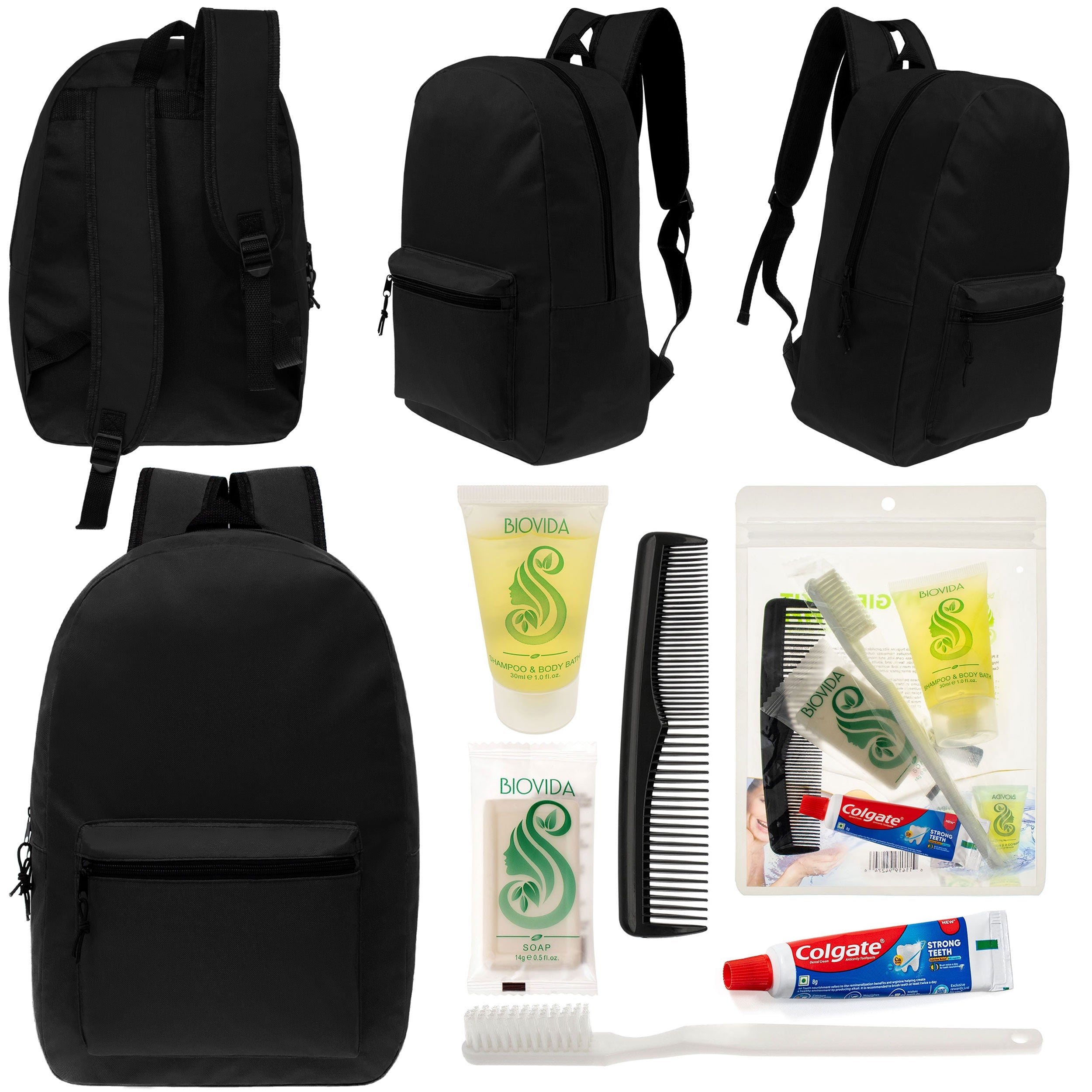 12 Black 17" Classic Backpacks & Your Choice of 12 Bulk Hygiene Kits - Wholesale Care Package: Homeless, Emergency, Charity