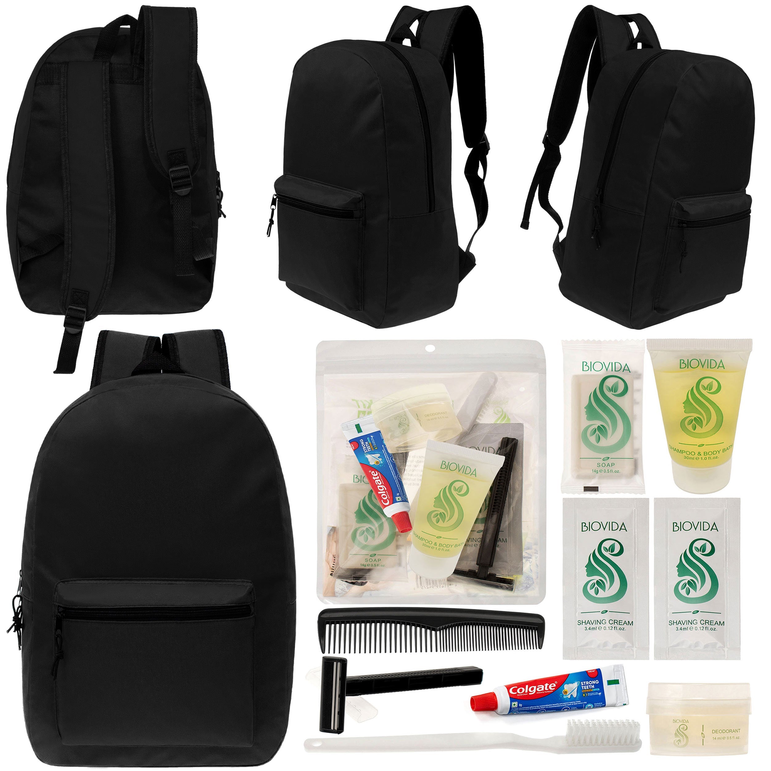 12 Black 17" Classic Backpacks & Your Choice of 12 Bulk Hygiene Kits - Wholesale Care Package: Homeless, Emergency, Charity
