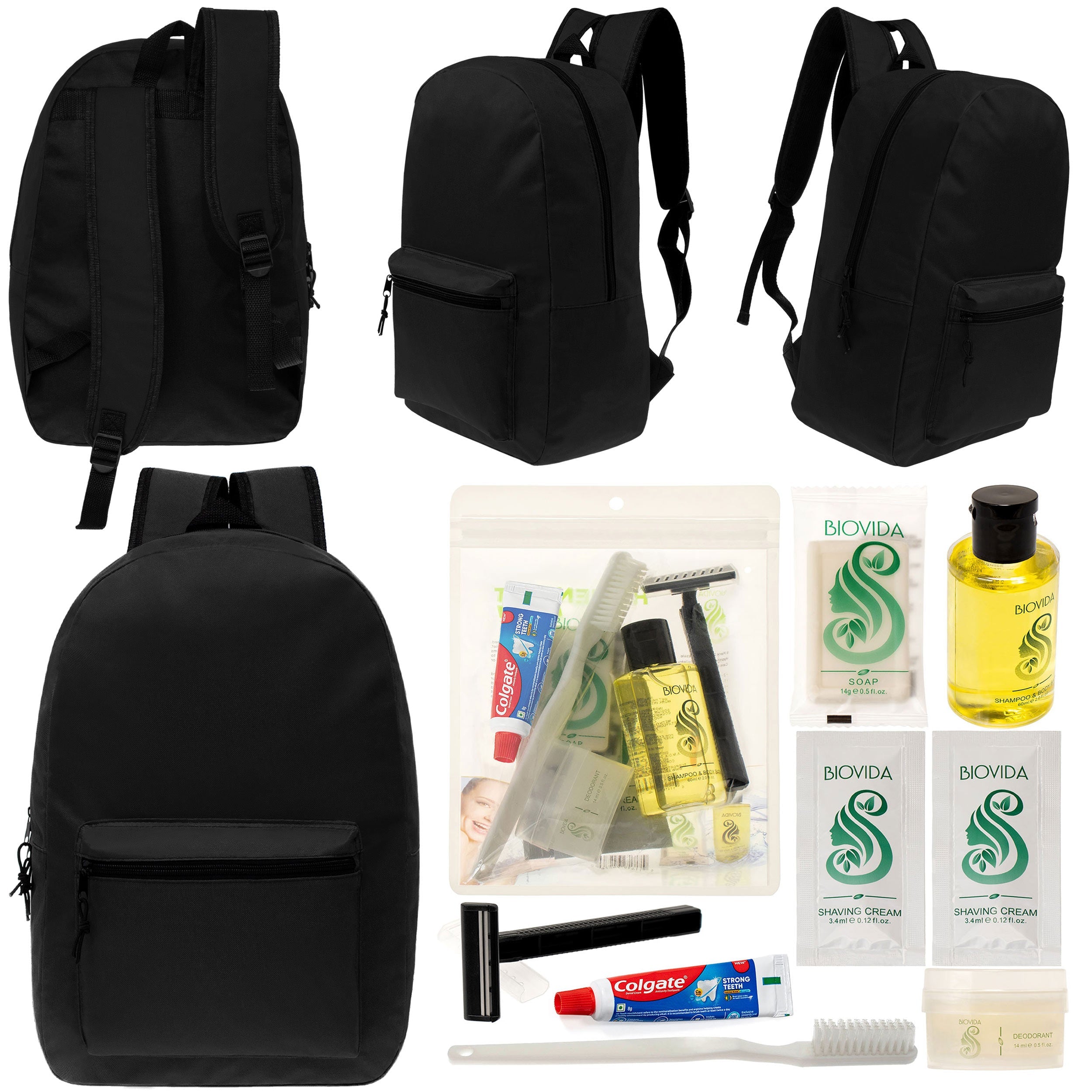 12 Black 17" Classic Backpacks & Your Choice of 12 Bulk Hygiene Kits - Wholesale Care Package: Homeless, Emergency, Charity
