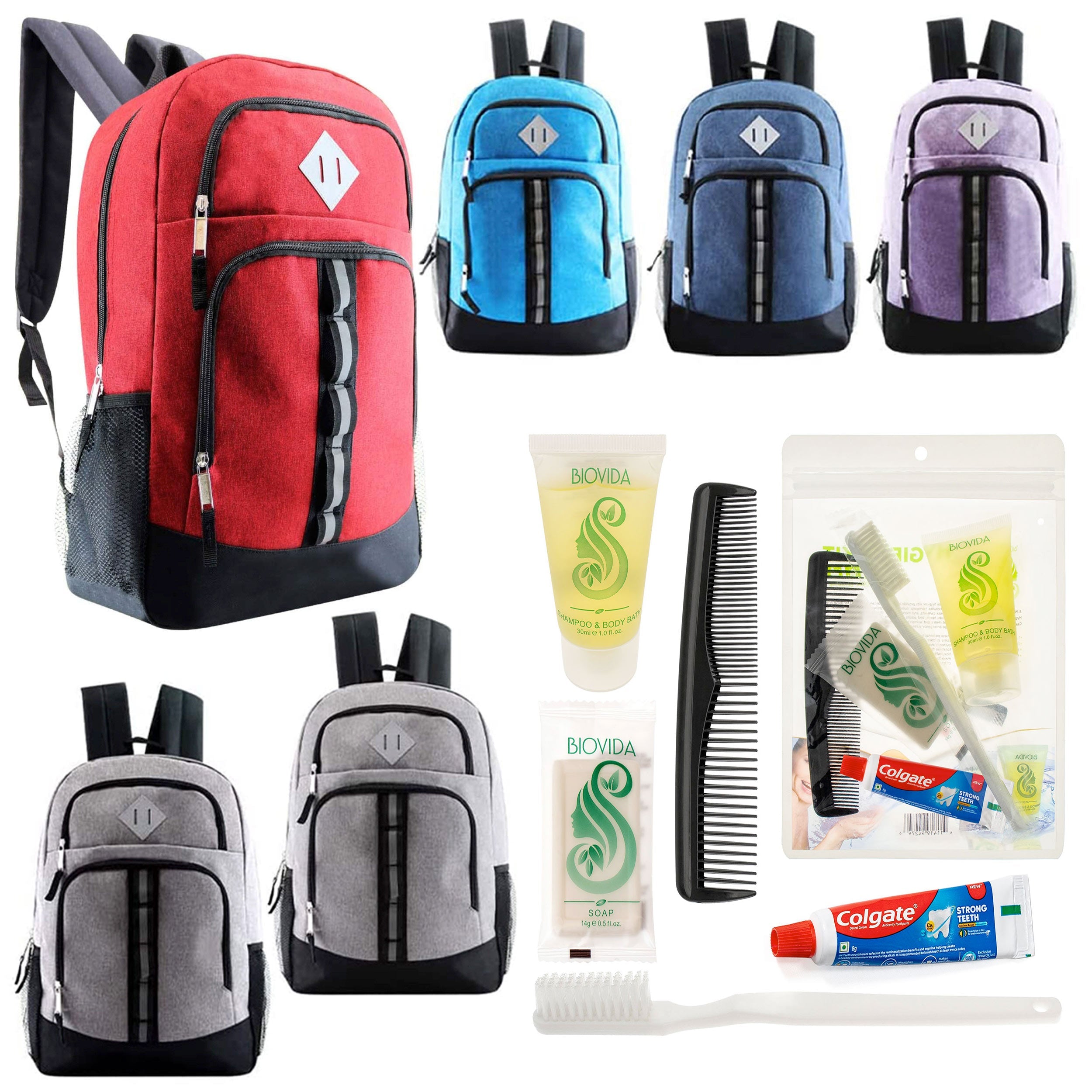 12 Deluxe 18" Backpacks in 6 Colors & Your Choice of 12 Bulk Hygiene Kits - Wholesale Care Package: Homeless, Emergency, Charity