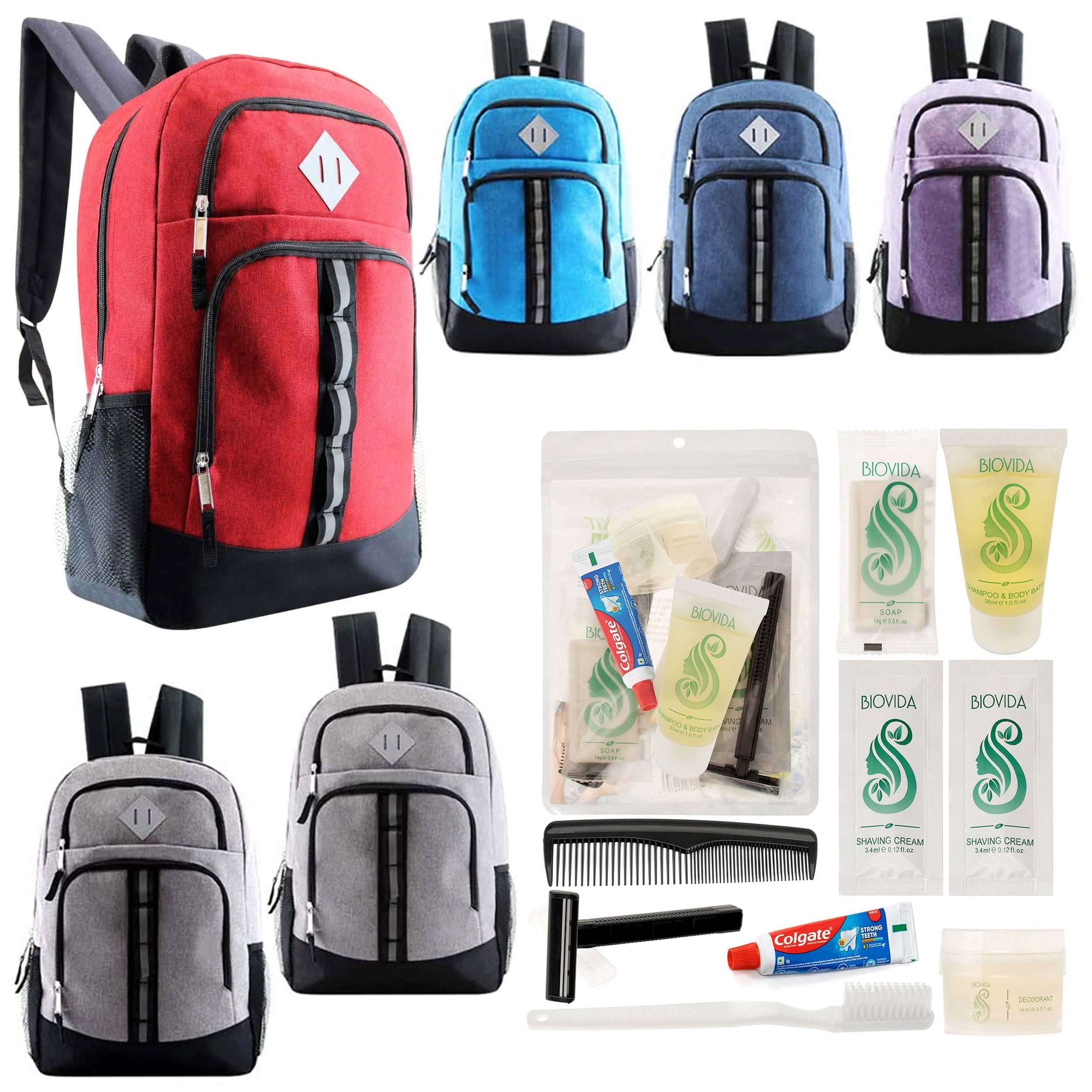 12 Deluxe 18" Backpacks in 6 Colors & Your Choice of 12 Bulk Hygiene Kits - Wholesale Care Package: Homeless, Emergency, Charity