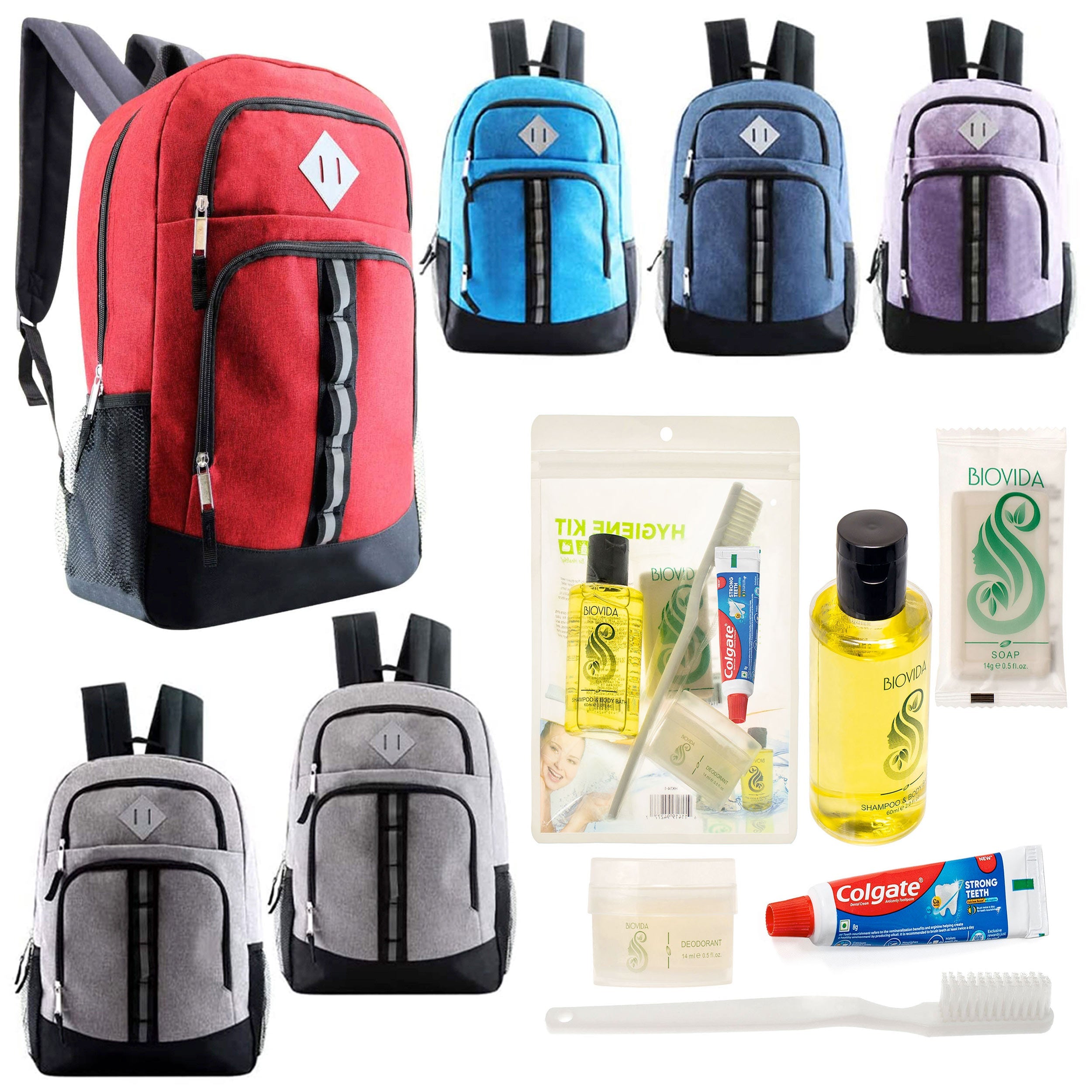 12 Deluxe 18" Backpacks in 6 Colors & Your Choice of 12 Bulk Hygiene Kits - Wholesale Care Package: Homeless, Emergency, Charity
