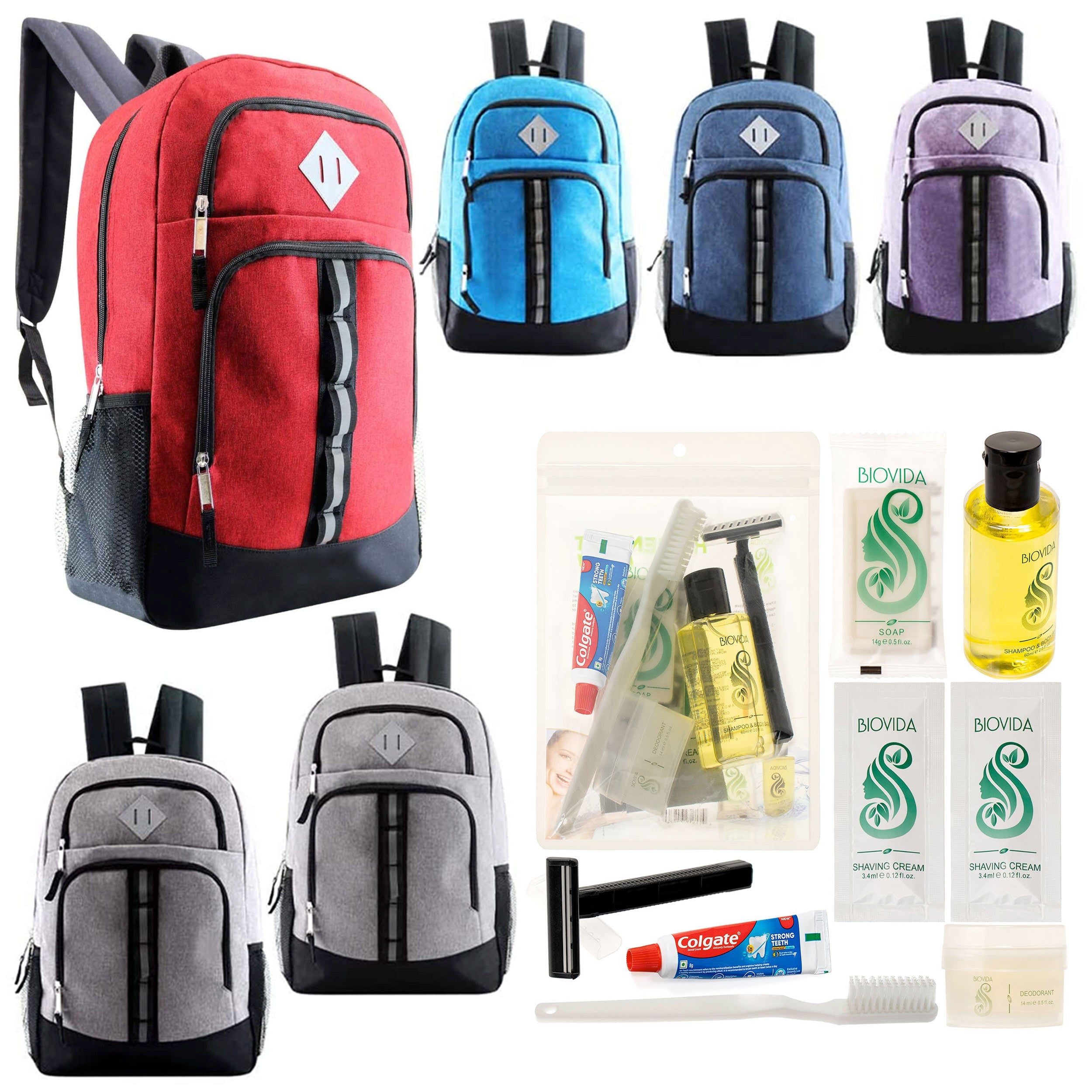 12 Deluxe 18" Backpacks in 6 Colors & Your Choice of 12 Bulk Hygiene Kits - Wholesale Care Package: Homeless, Emergency, Charity