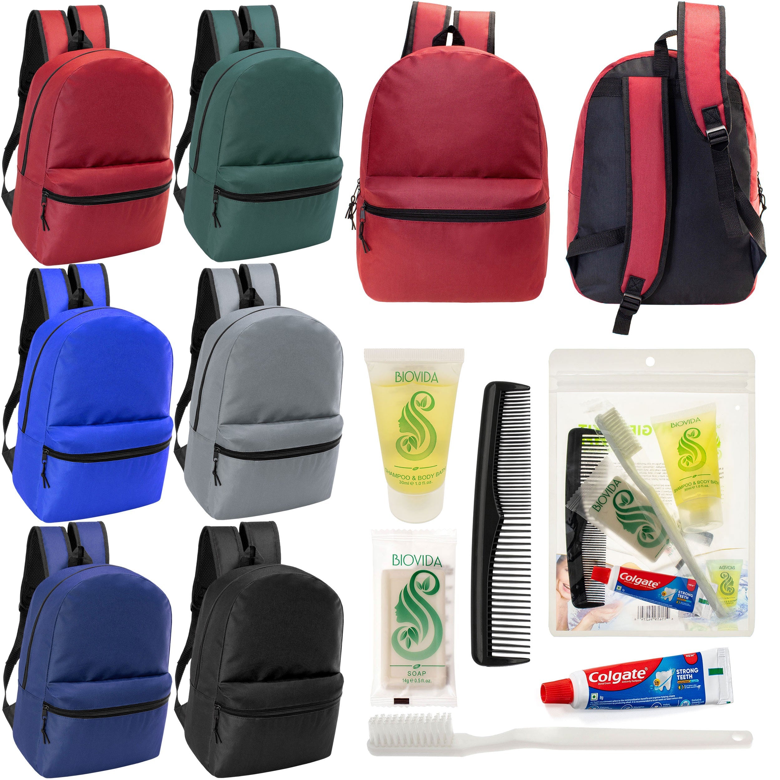12 17" Classic Backpacks in 6 Assorted Colors & Your Choice of 12 Bulk Hygiene Kits - Wholesale Care Package: Homeless, Emergency, Charity