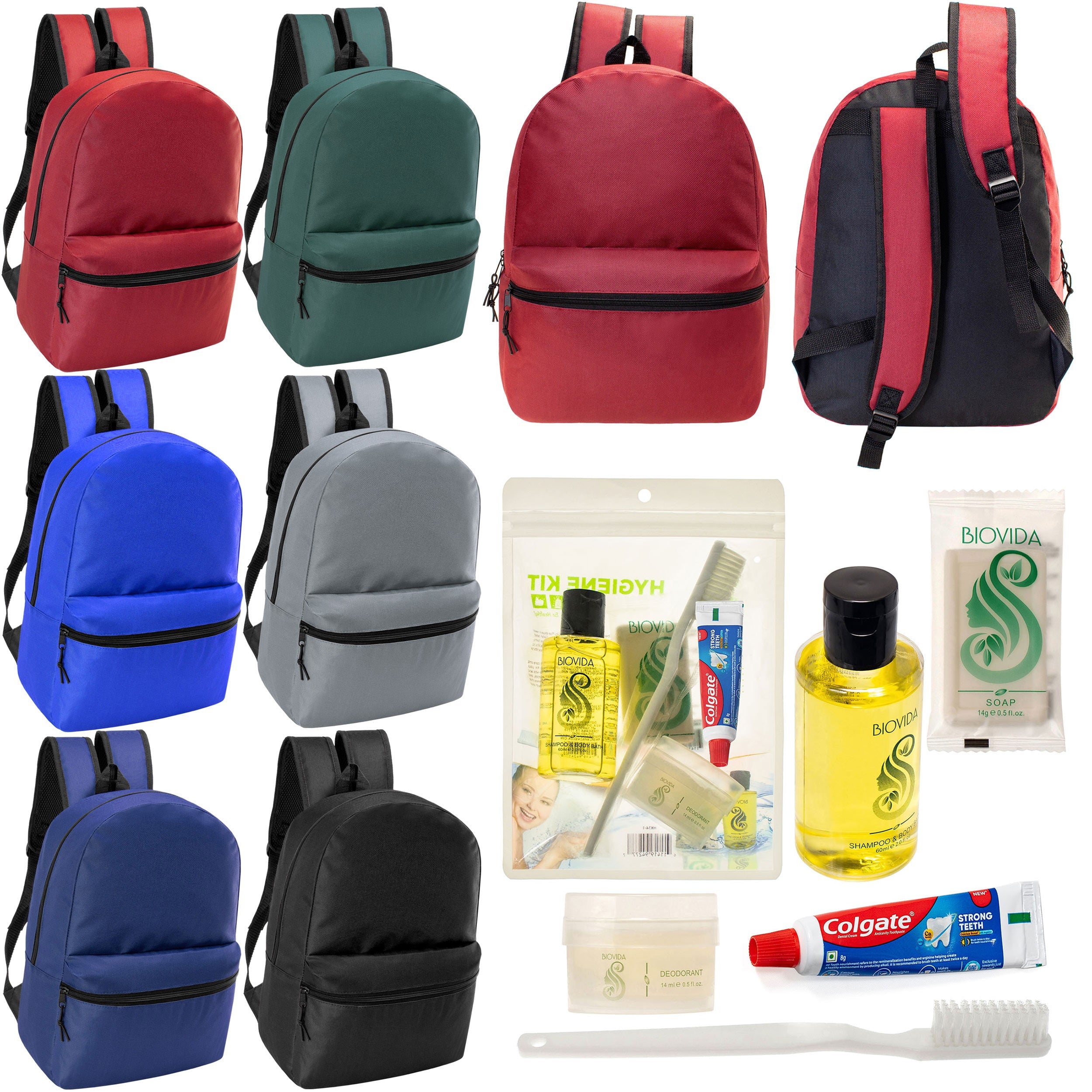 12 17" Classic Backpacks in 6 Assorted Colors & Your Choice of 12 Bulk Hygiene Kits - Wholesale Care Package: Homeless, Emergency, Charity
