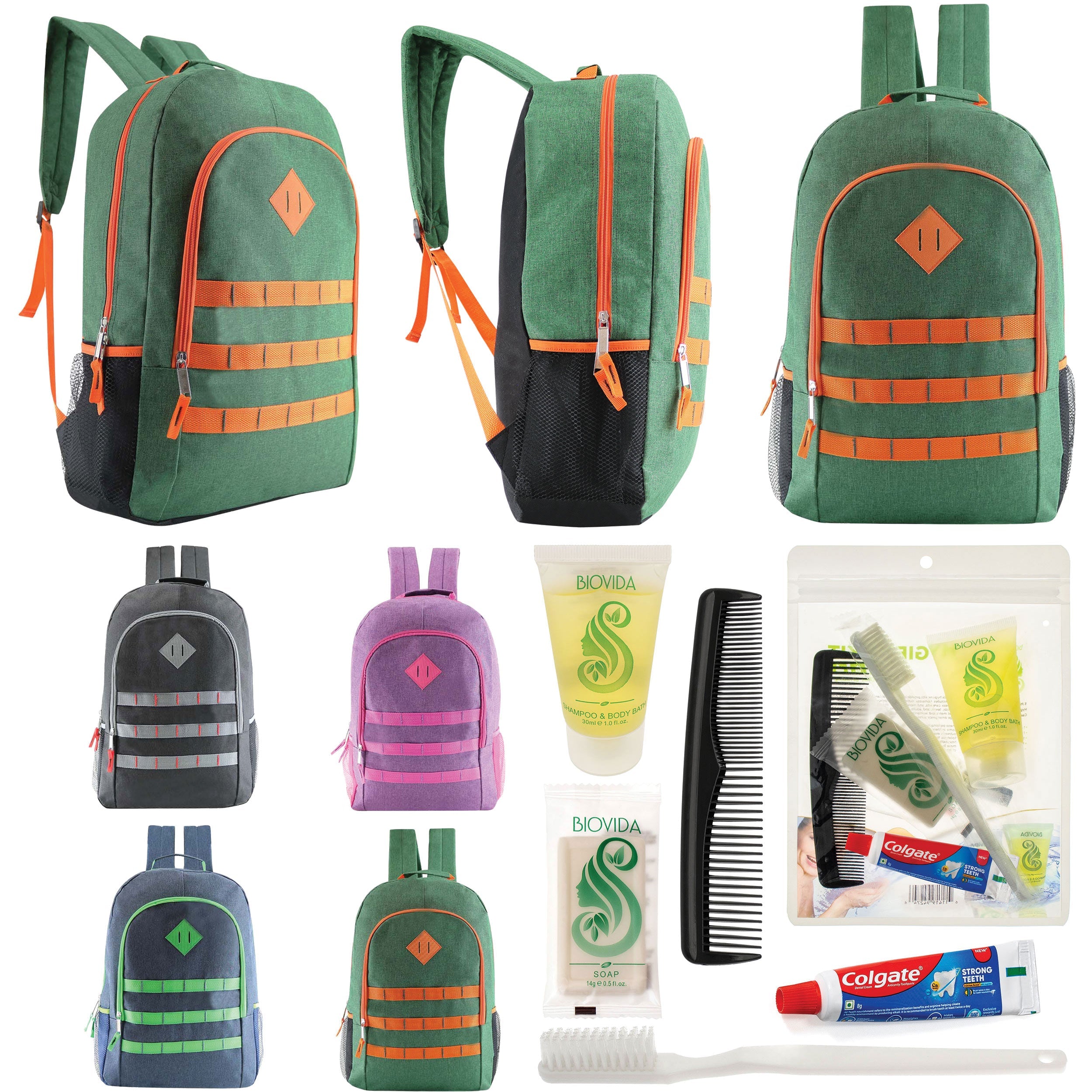 12 Deluxe 19" Backpacks in 4 Colors & Your Choice of 12 Bulk Hygiene Kits - Wholesale Care Package: Homeless, Emergency, Charity