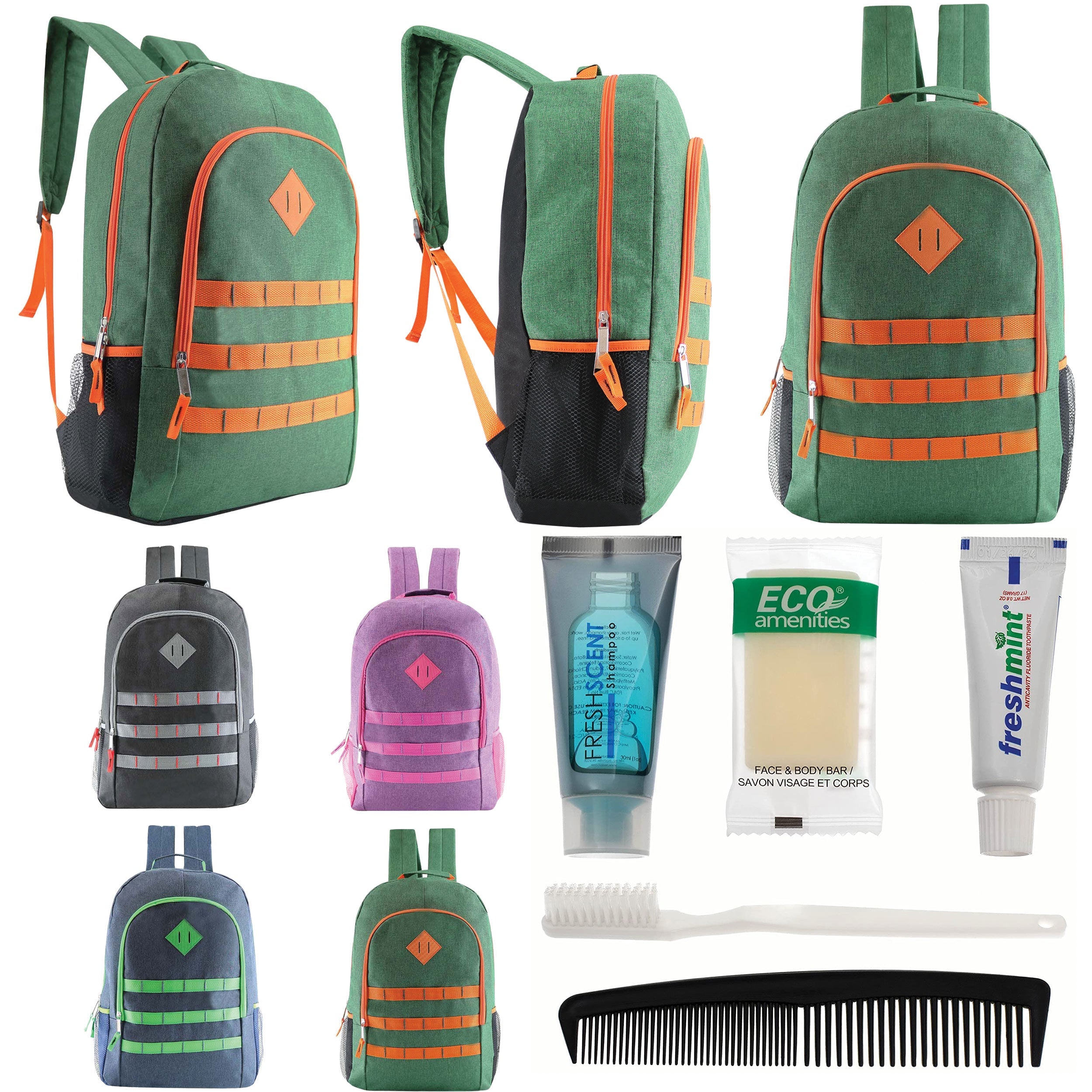 12 Deluxe 19" Backpacks in 4 Colors & Your Choice of 12 Bulk Hygiene Kits - Wholesale Care Package: Homeless, Emergency, Charity