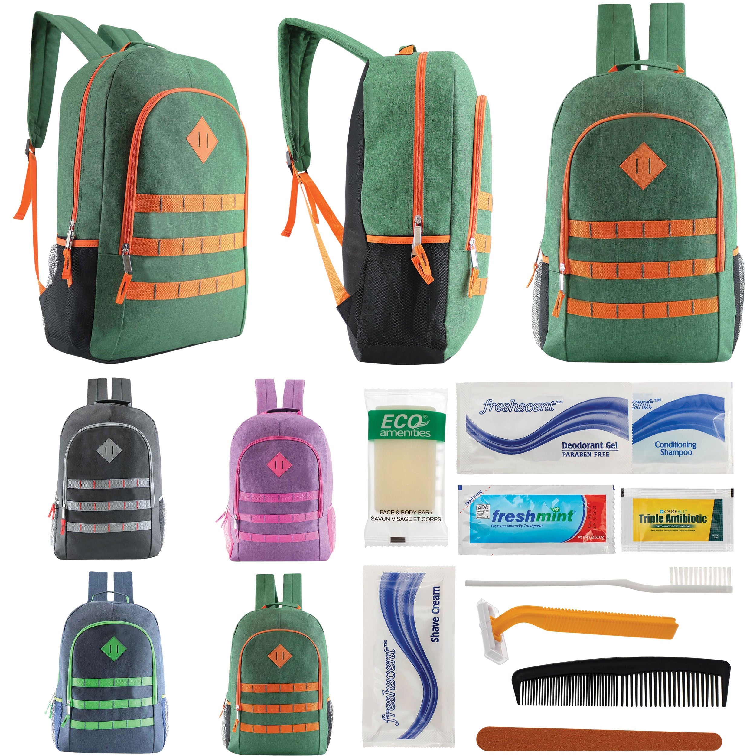 12 Deluxe 19" Backpacks in 4 Colors & Your Choice of 12 Bulk Hygiene Kits - Wholesale Care Package: Homeless, Emergency, Charity