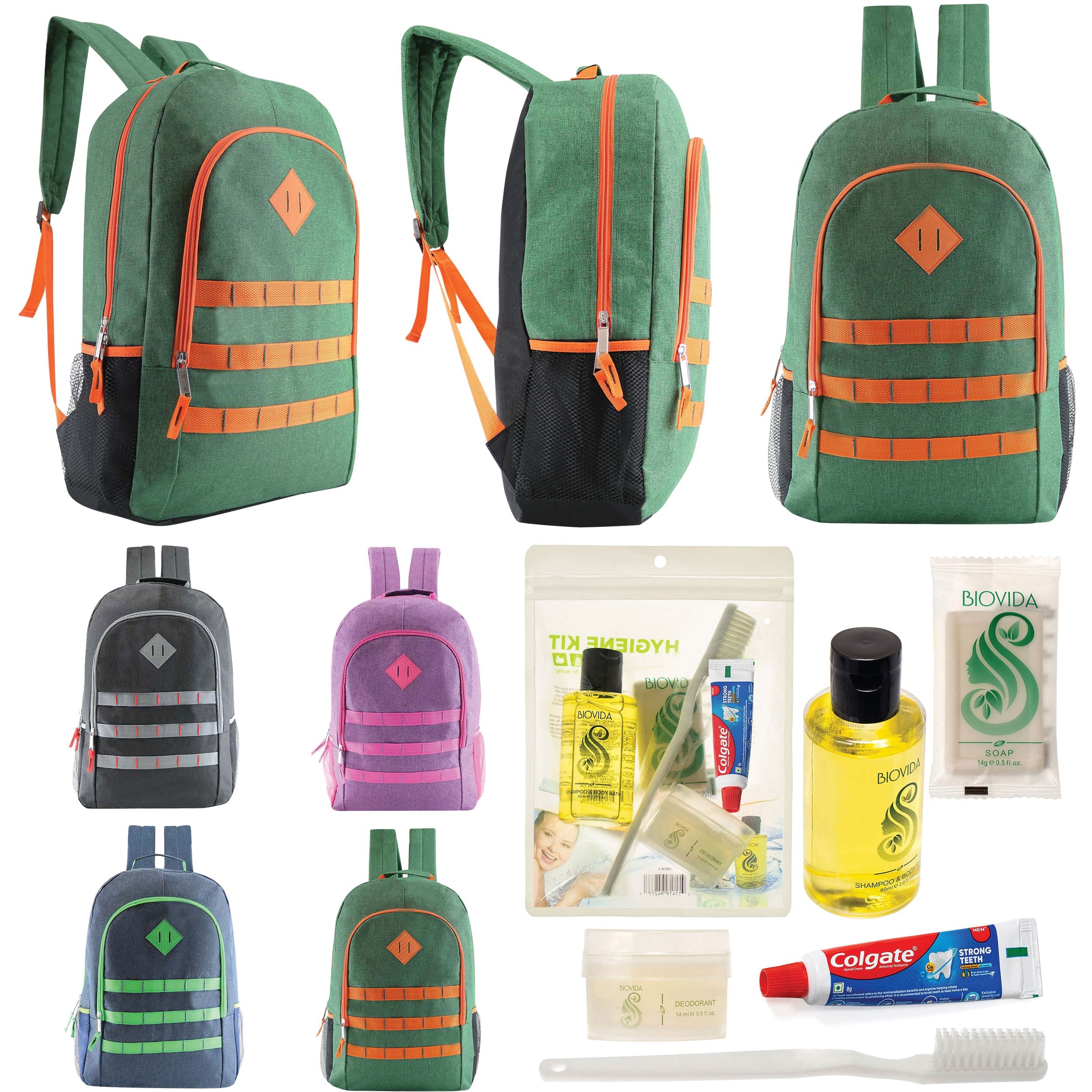 12 Deluxe 19" Backpacks in 4 Colors & Your Choice of 12 Bulk Hygiene Kits - Wholesale Care Package: Homeless, Emergency, Charity