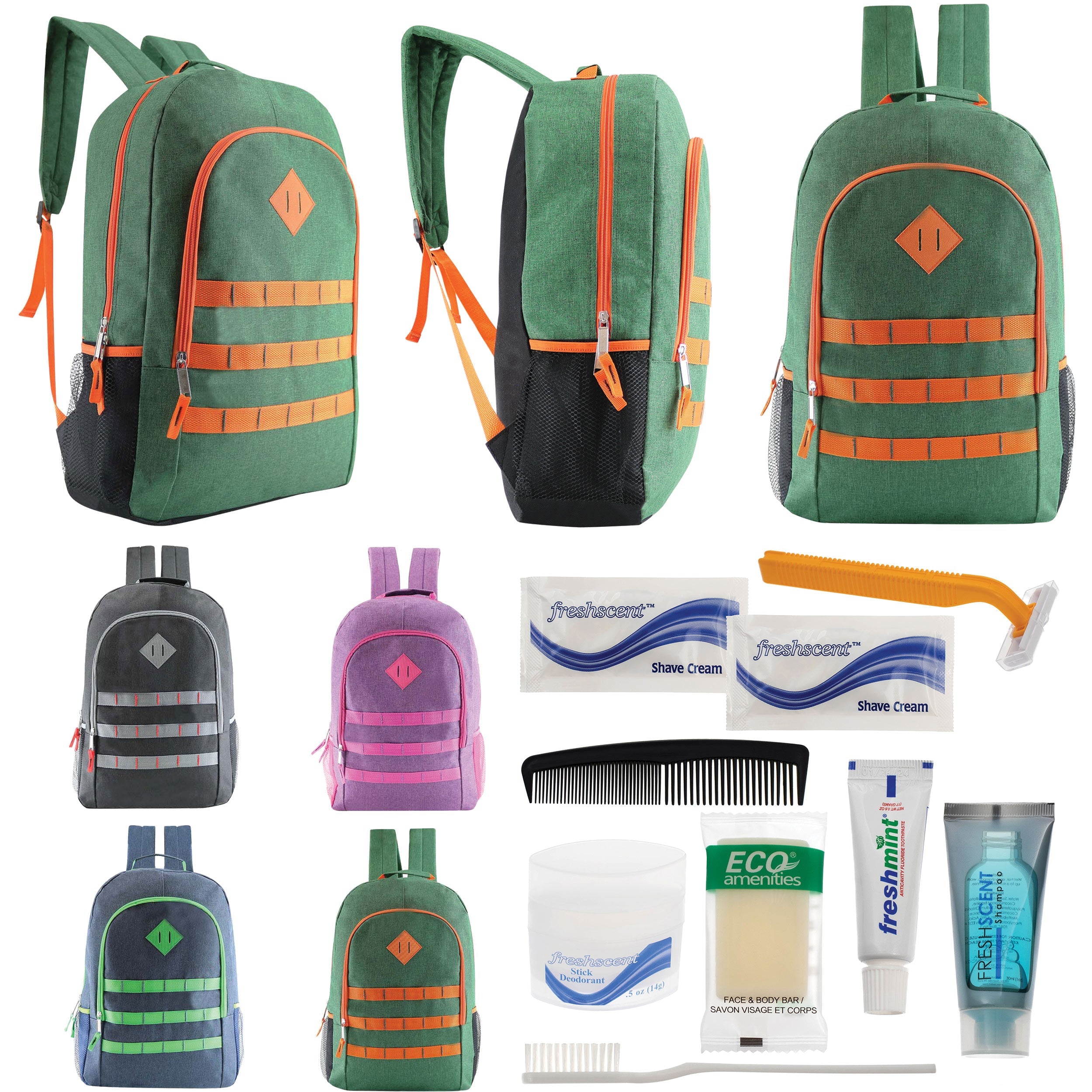 12 Deluxe 19" Backpacks in 4 Colors & Your Choice of 12 Bulk Hygiene Kits - Wholesale Care Package: Homeless, Emergency, Charity