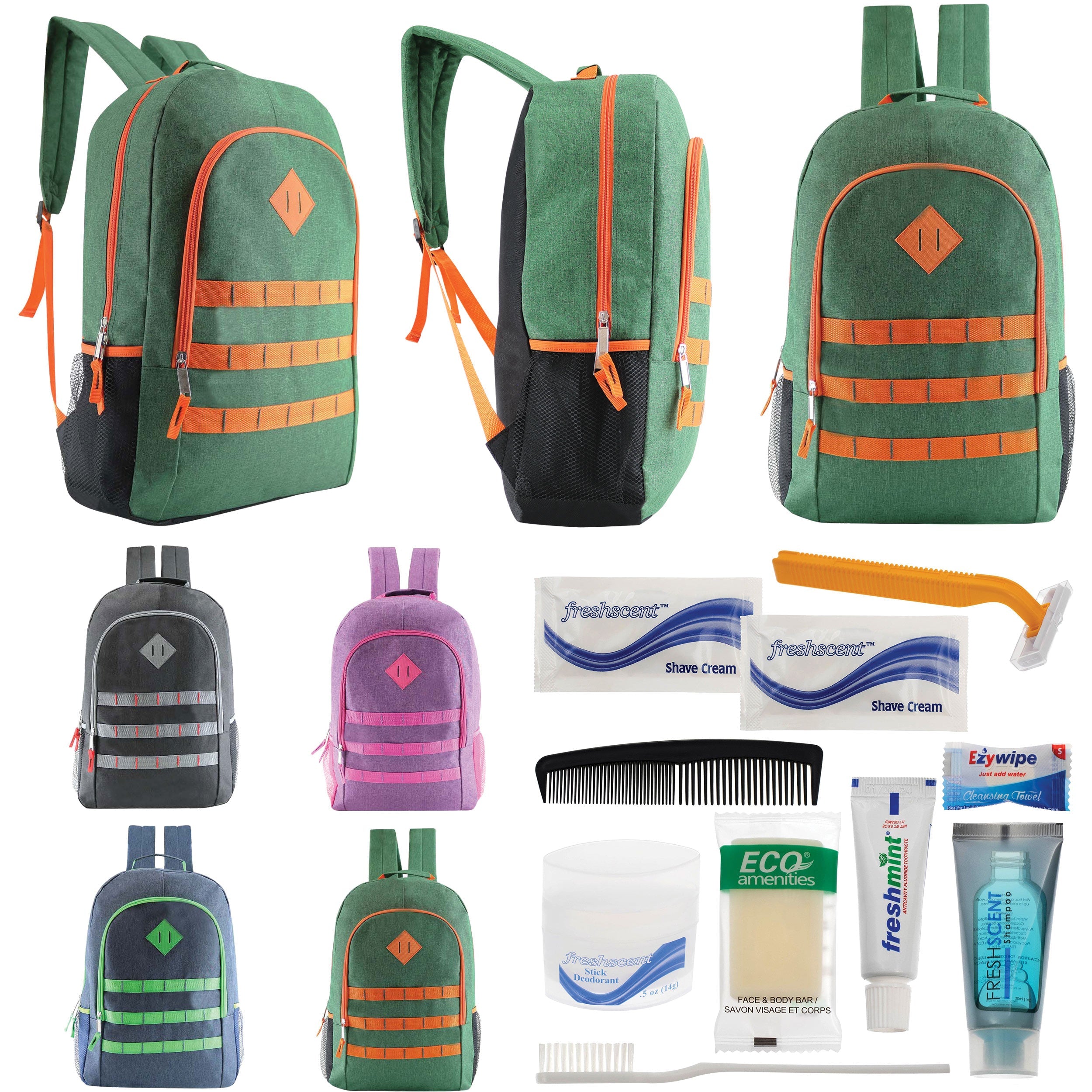 12 Deluxe 19" Backpacks in 4 Colors & Your Choice of 12 Bulk Hygiene Kits - Wholesale Care Package: Homeless, Emergency, Charity