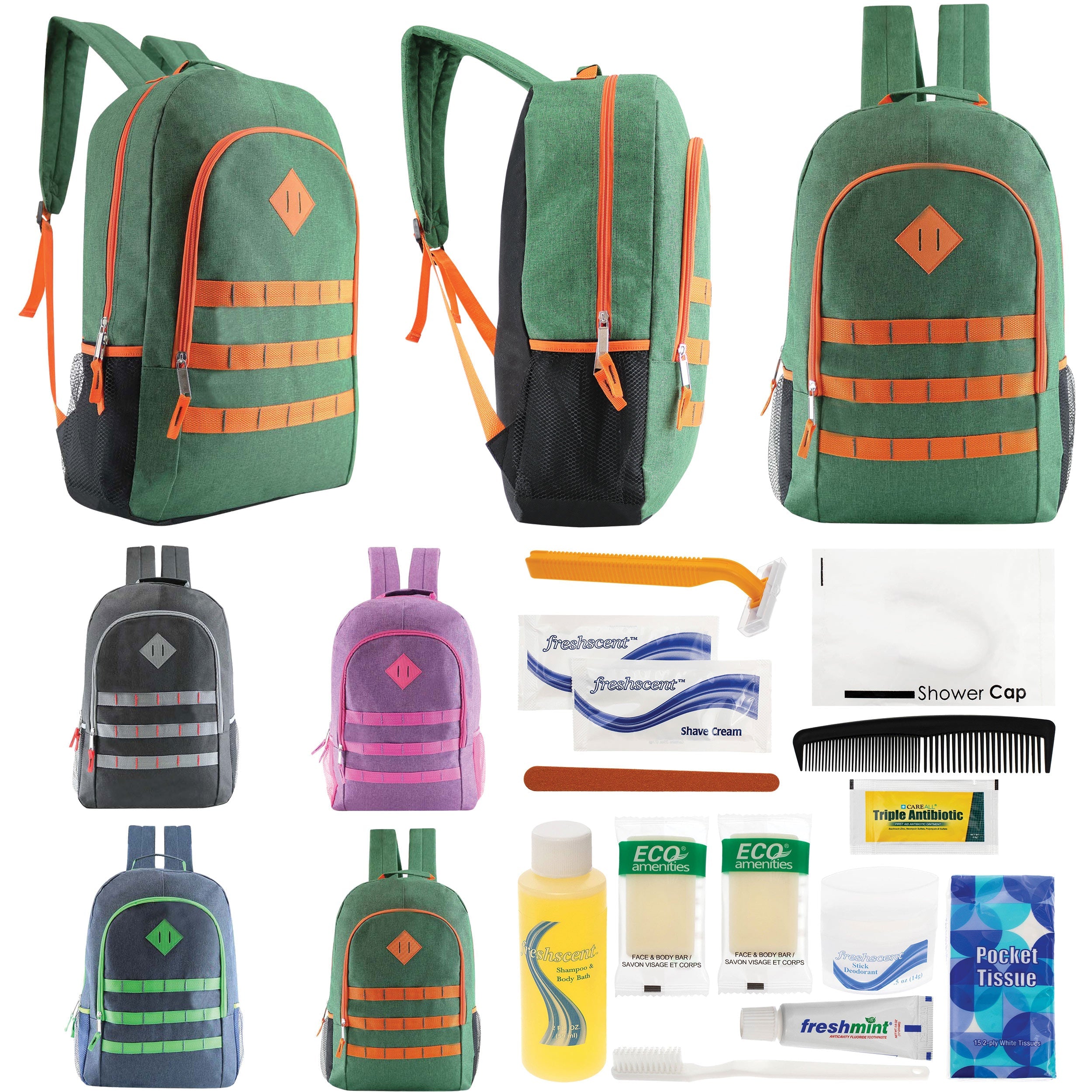 12 Deluxe 19" Backpacks in 4 Colors & Your Choice of 12 Bulk Hygiene Kits - Wholesale Care Package: Homeless, Emergency, Charity
