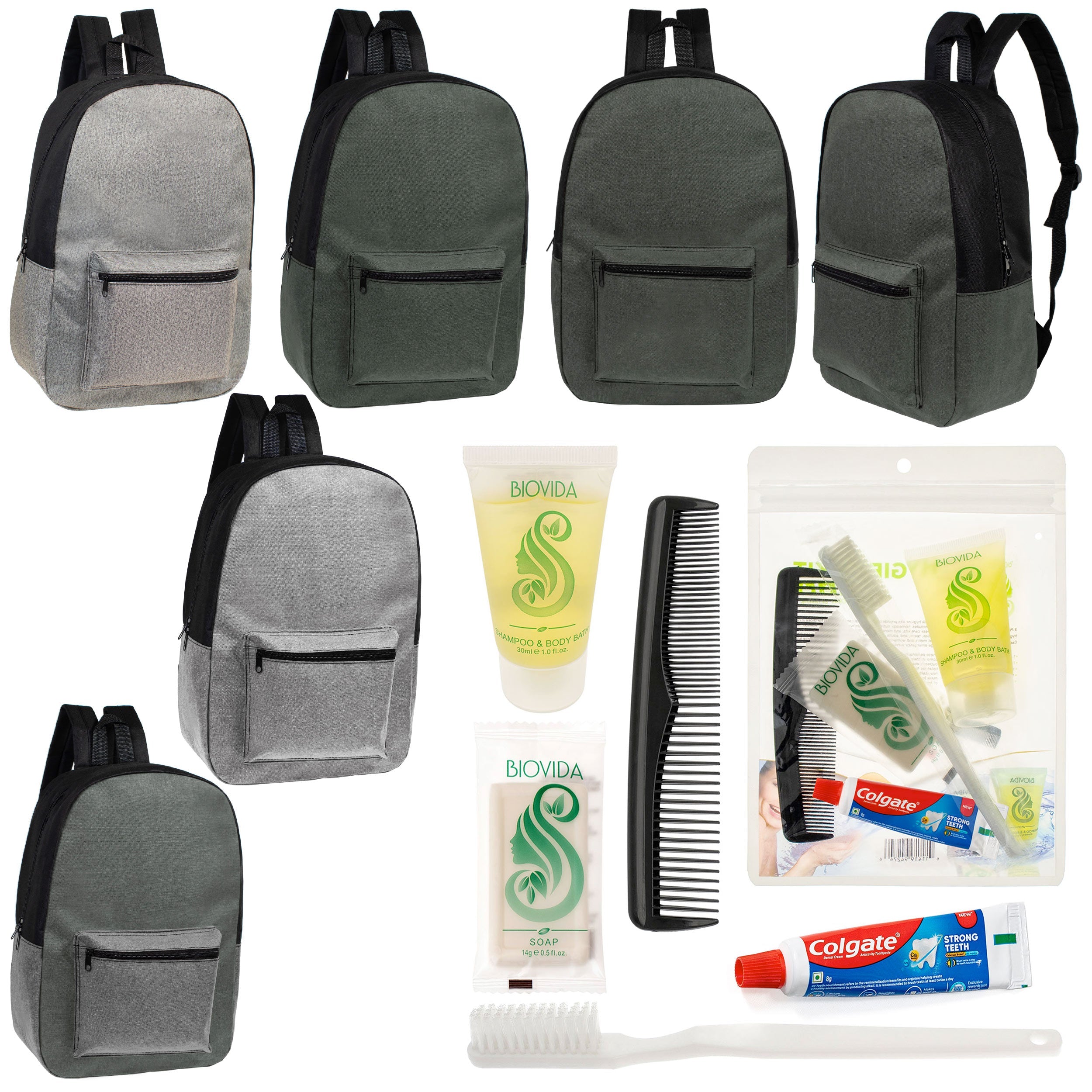 12 Basic Unisex 17" Backpacks in 4 Colors & Your Choice of 12 Bulk Hygiene Kits - Wholesale Care Package: Homeless, Emergency, Charity