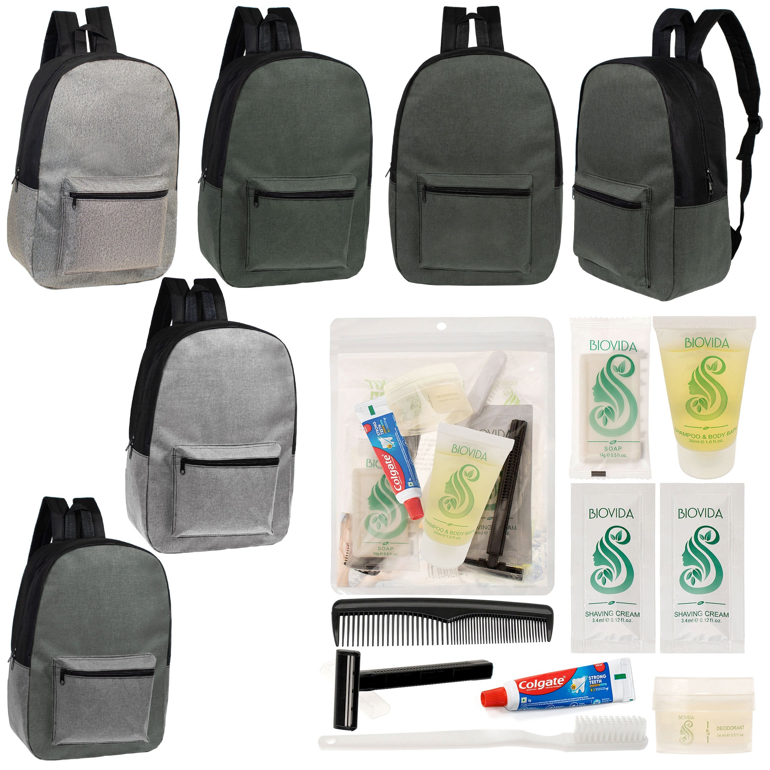 12 Basic Unisex 17" Backpacks in 4 Colors & Your Choice of 12 Bulk Hygiene Kits - Wholesale Care Package: Homeless, Emergency, Charity