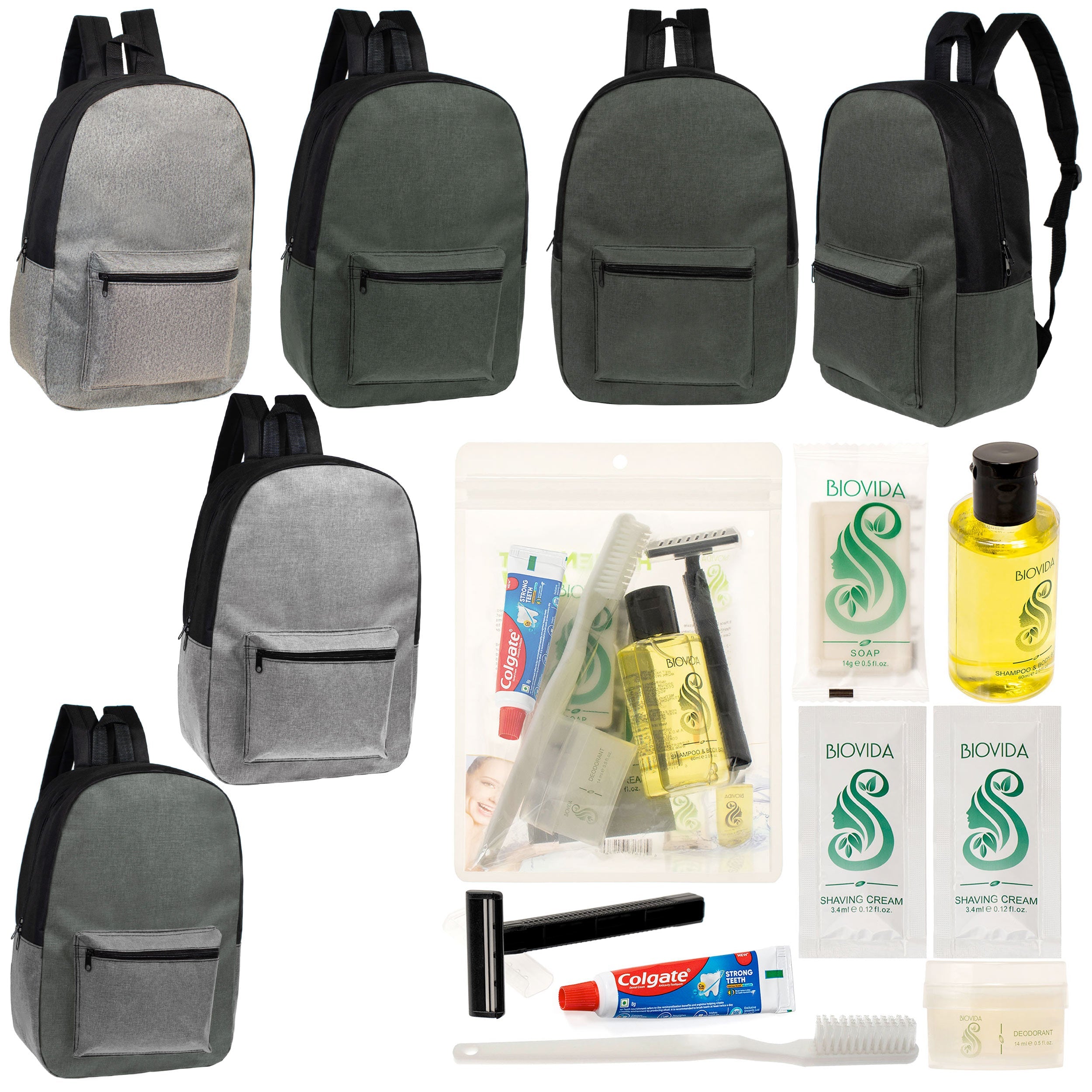 12 Basic Unisex 17" Backpacks in 4 Colors & Your Choice of 12 Bulk Hygiene Kits - Wholesale Care Package: Homeless, Emergency, Charity