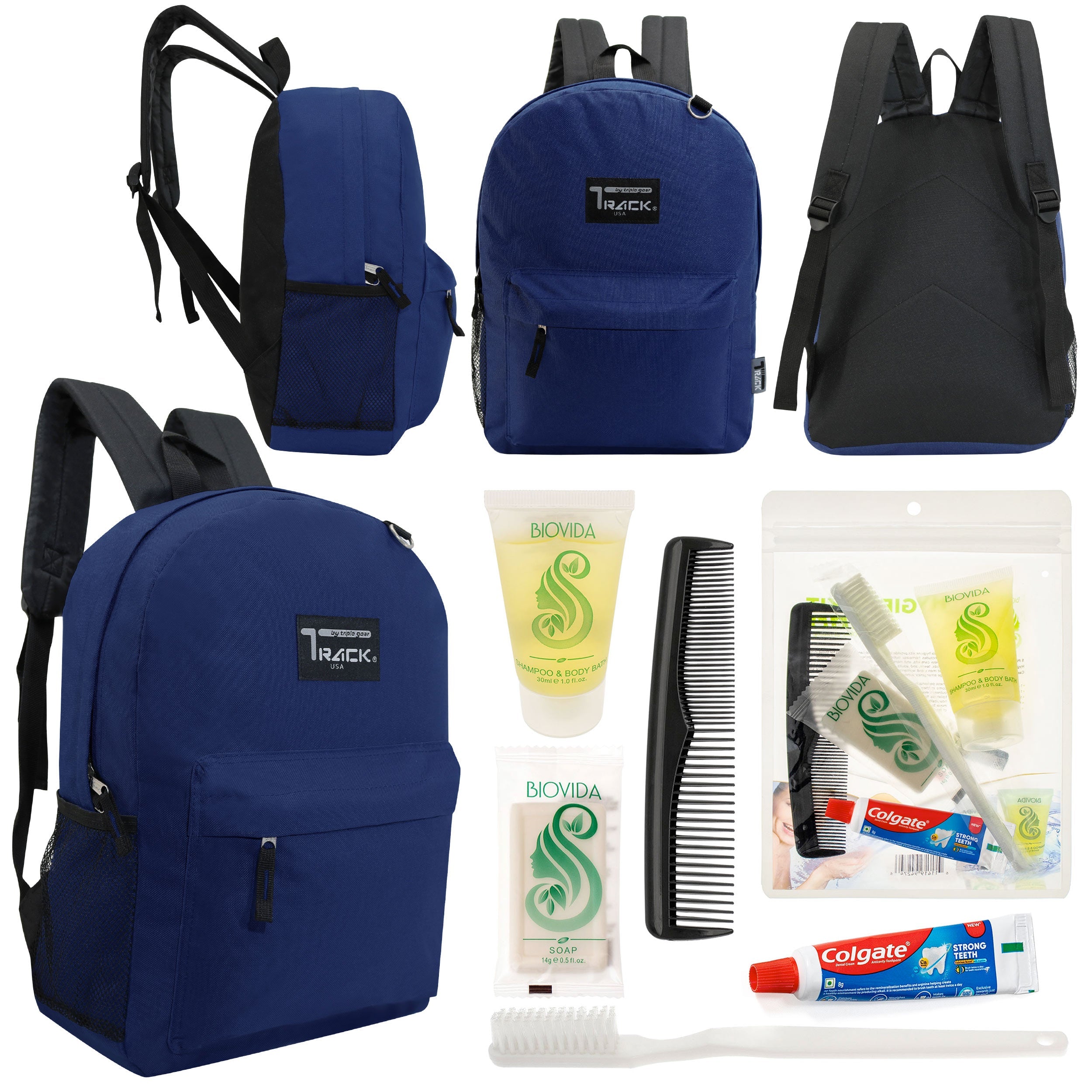 12 Classic 17" Backpacks in Navy Blue & Your Choice of 12 Bulk Hygiene Kits - Wholesale Care Package: Homeless, Emergency, Charity