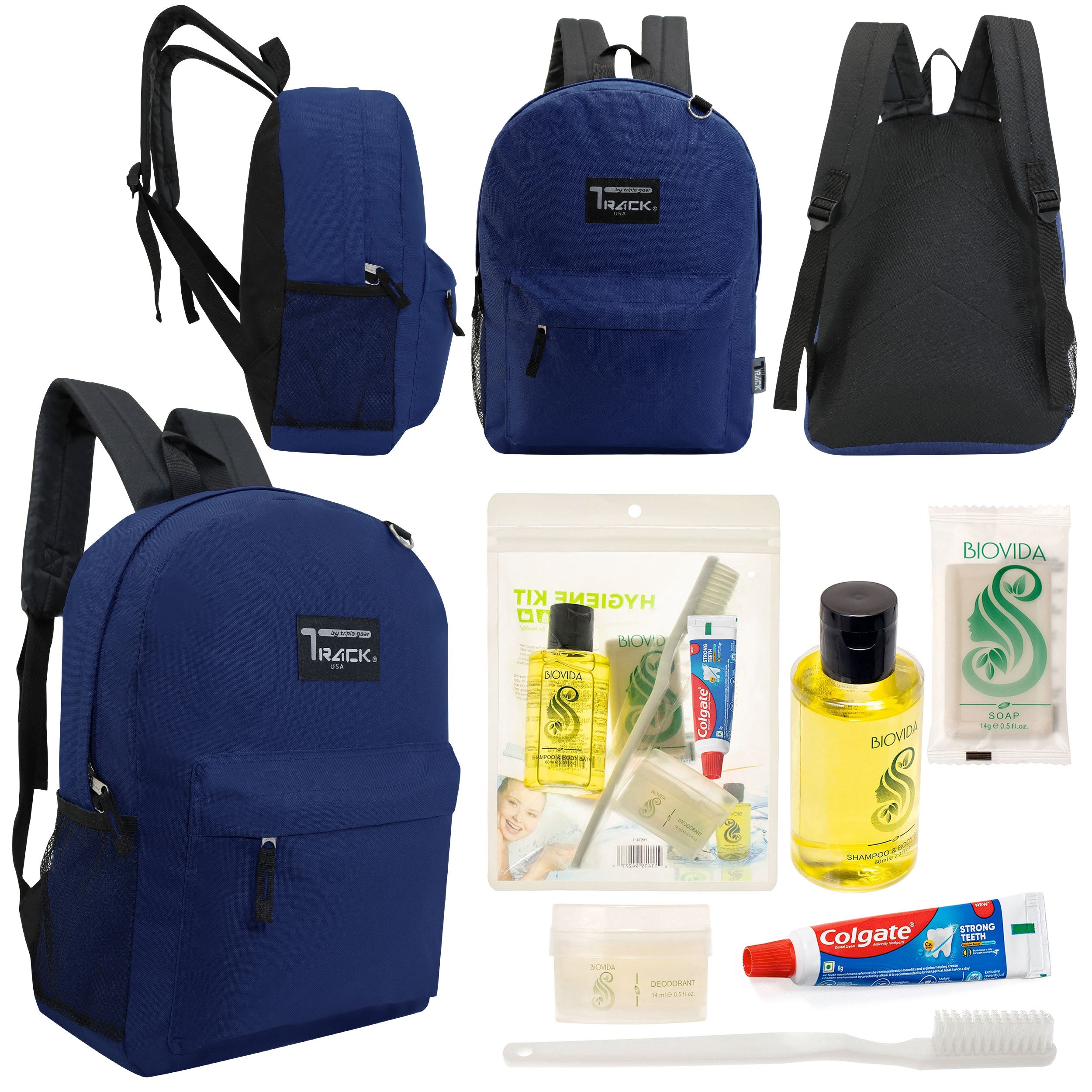 12 Classic 17" Backpacks in Navy Blue & Your Choice of 12 Bulk Hygiene Kits - Wholesale Care Package: Homeless, Emergency, Charity
