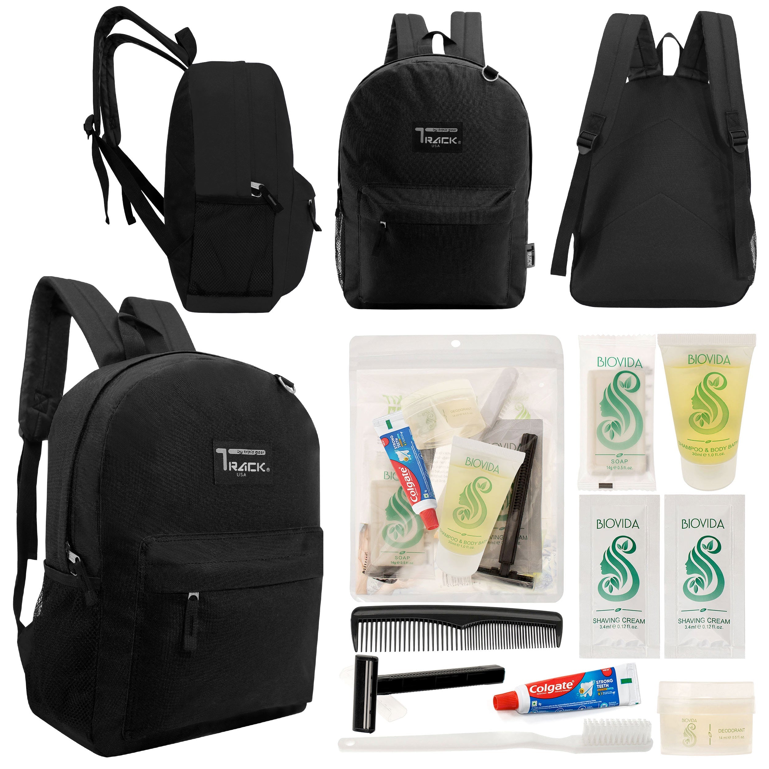 12 Classic 17" Backpacks in Black & Your Choice of 12 Bulk Hygiene Kits - Wholesale Care Package: Homeless, Emergency, Charity