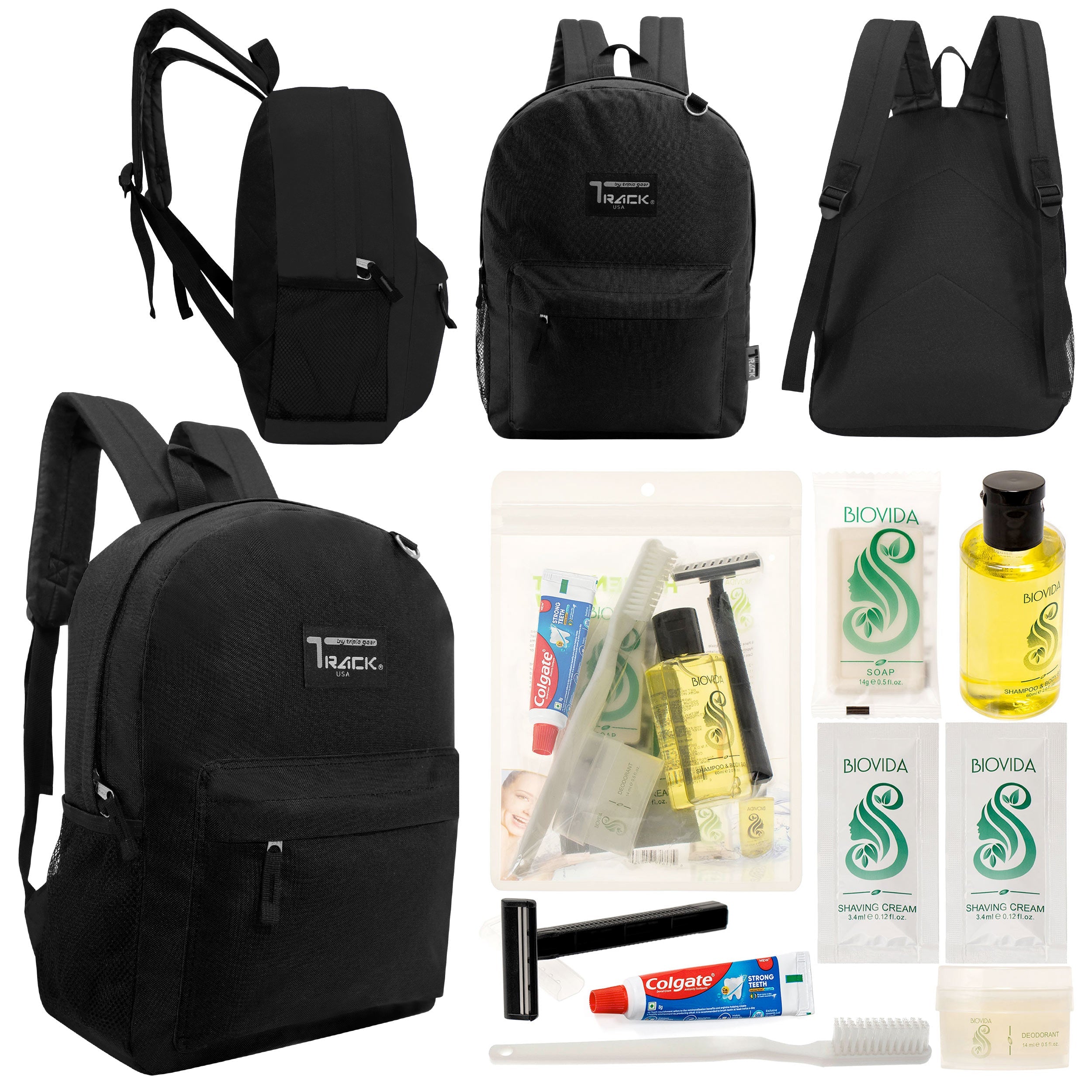 12 Classic 17" Backpacks in Black & Your Choice of 12 Bulk Hygiene Kits - Wholesale Care Package: Homeless, Emergency, Charity