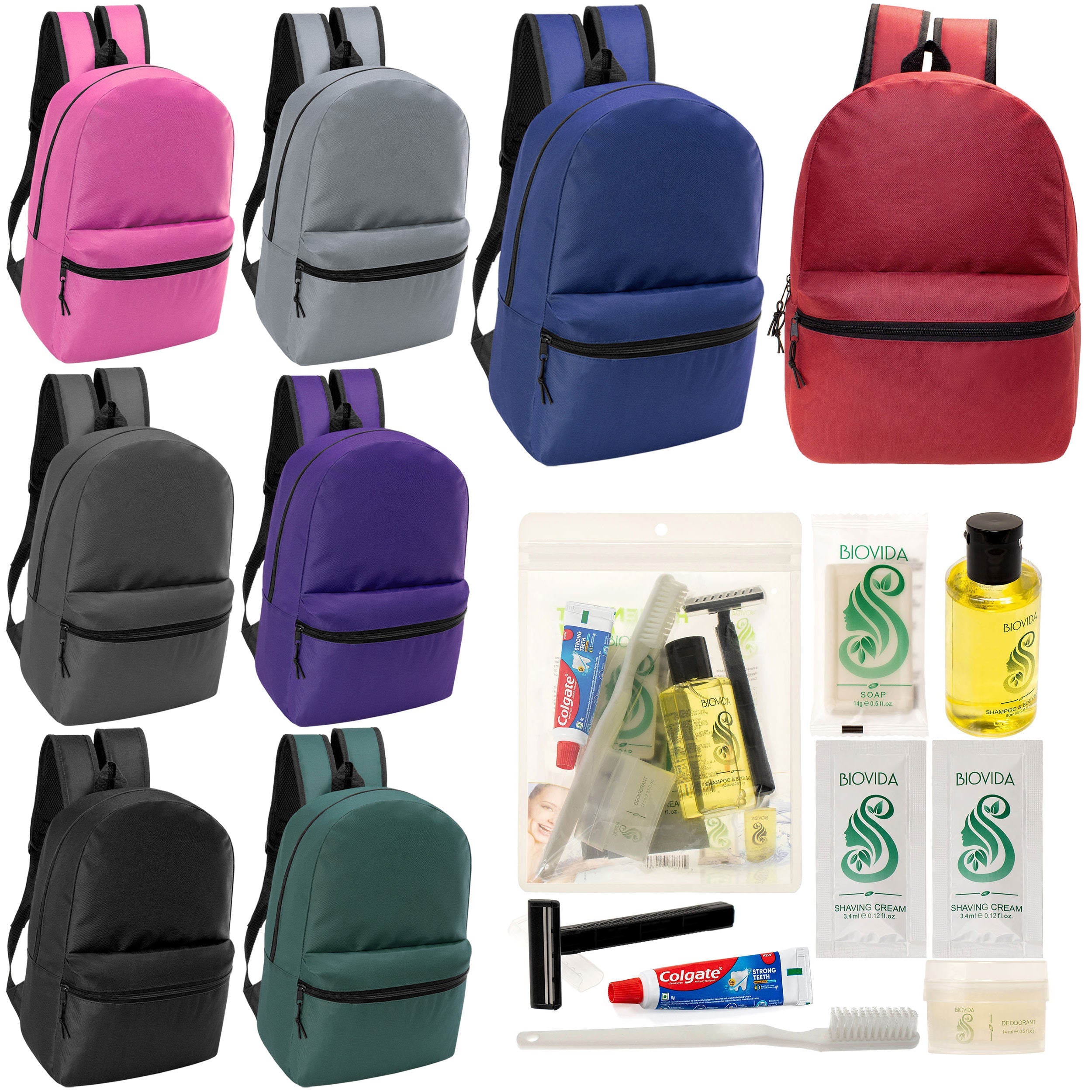 12 Classic 17" Backpacks in 8 Assorted Colors & Your Choice of 12 Bulk Hygiene Kits - Wholesale Care Package: Homeless, Emergency, Charity
