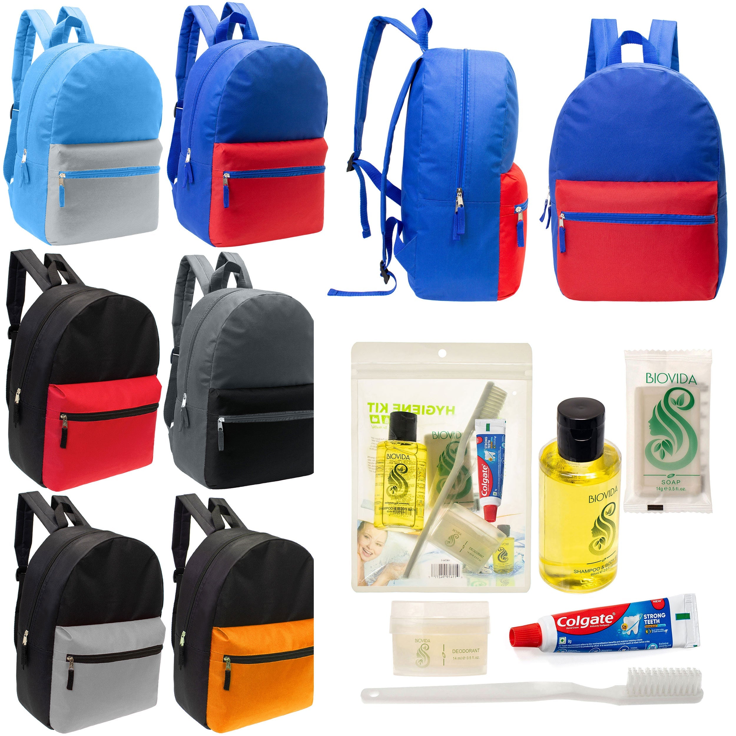 12 17" Classic Backpacks in 6 Two Tone Colors & Your Choice of 12 Bulk Hygiene Kits - Wholesale Care Package: Homeless, Emergency, Charity