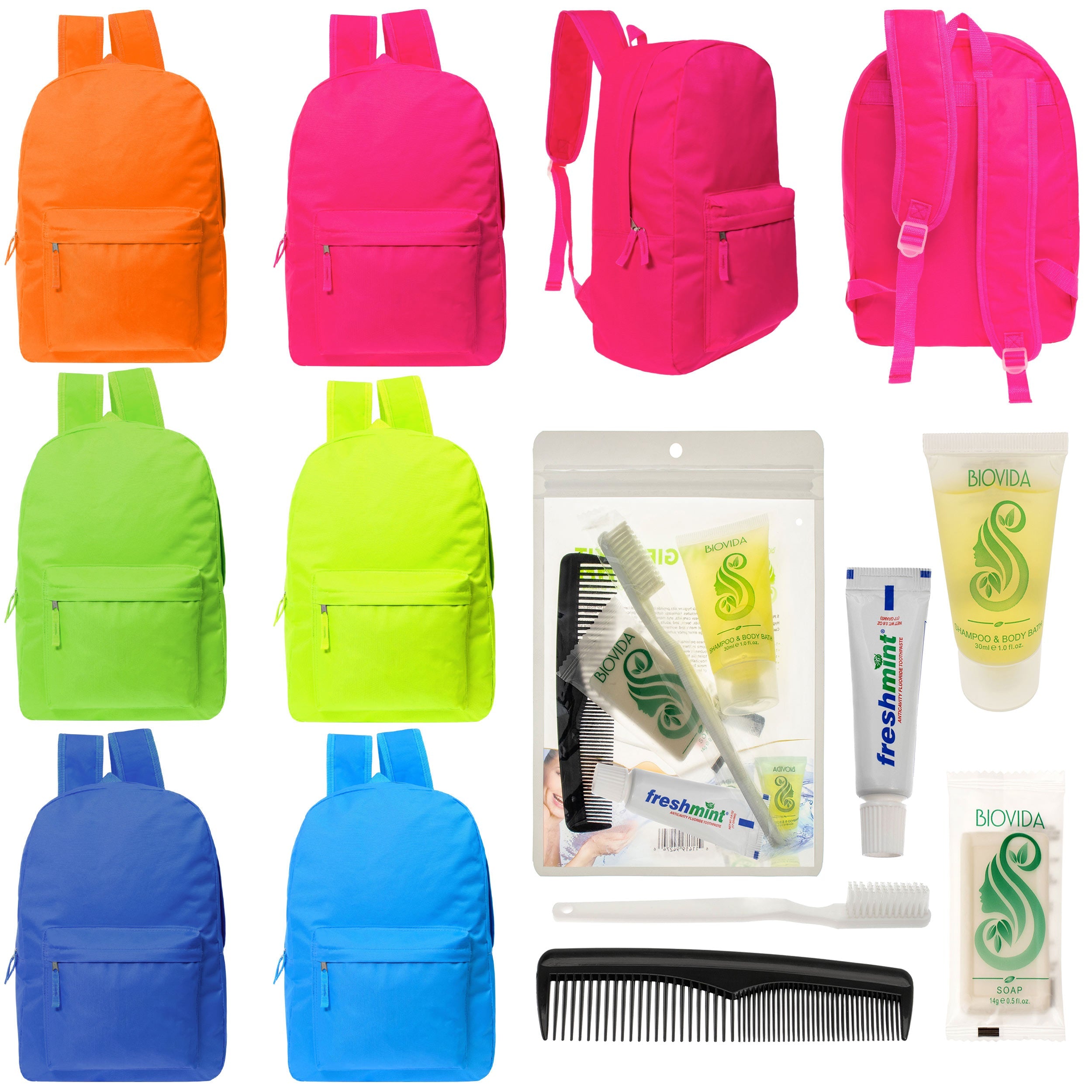 12 Bright Color 17" Backpacks in 6 Colors & Your Choice of 12 Bulk Hygiene Kits - Wholesale Care Package: Homeless, Emergency, Charity