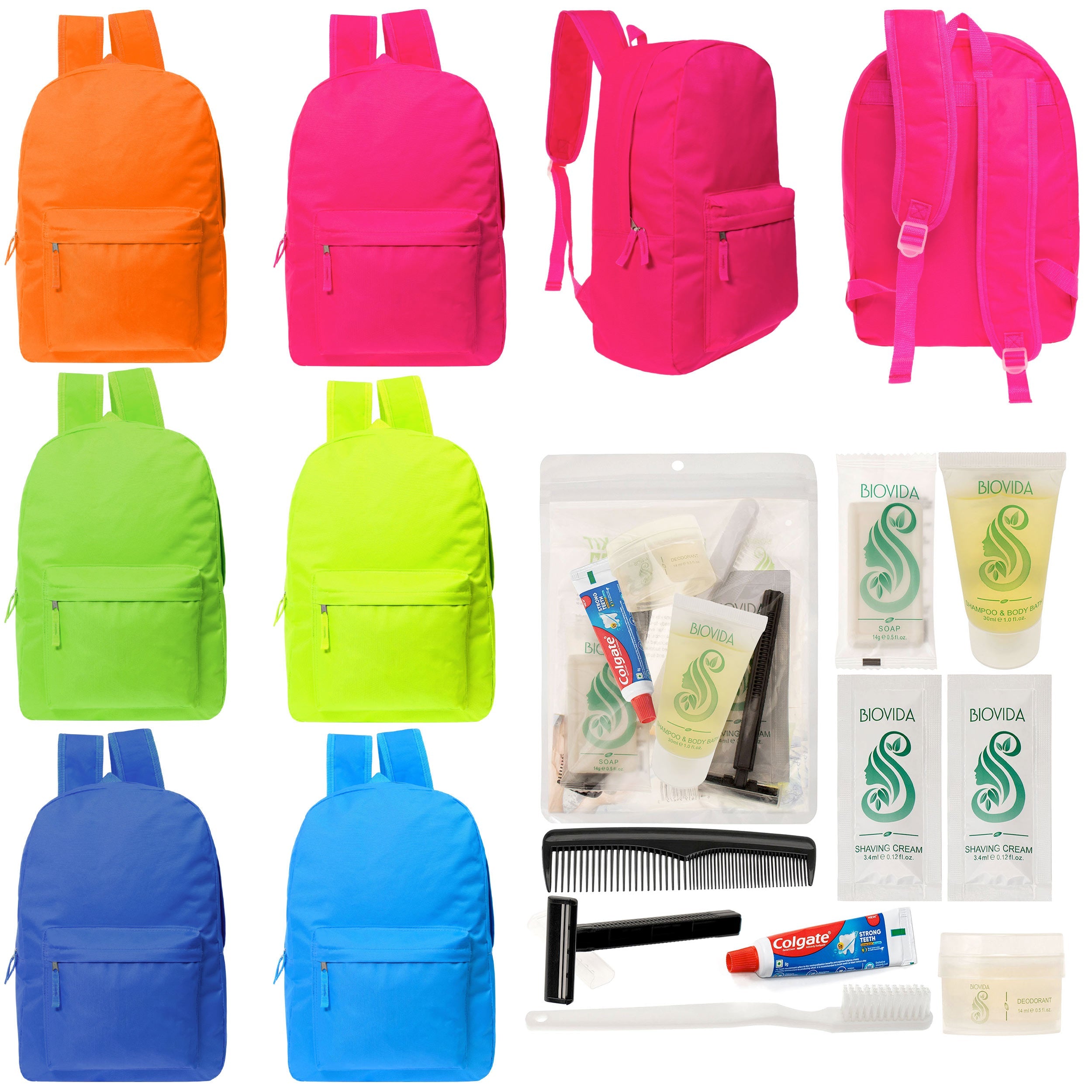 12 Bright Color 17" Backpacks in 6 Colors & Your Choice of 12 Bulk Hygiene Kits - Wholesale Care Package: Homeless, Emergency, Charity