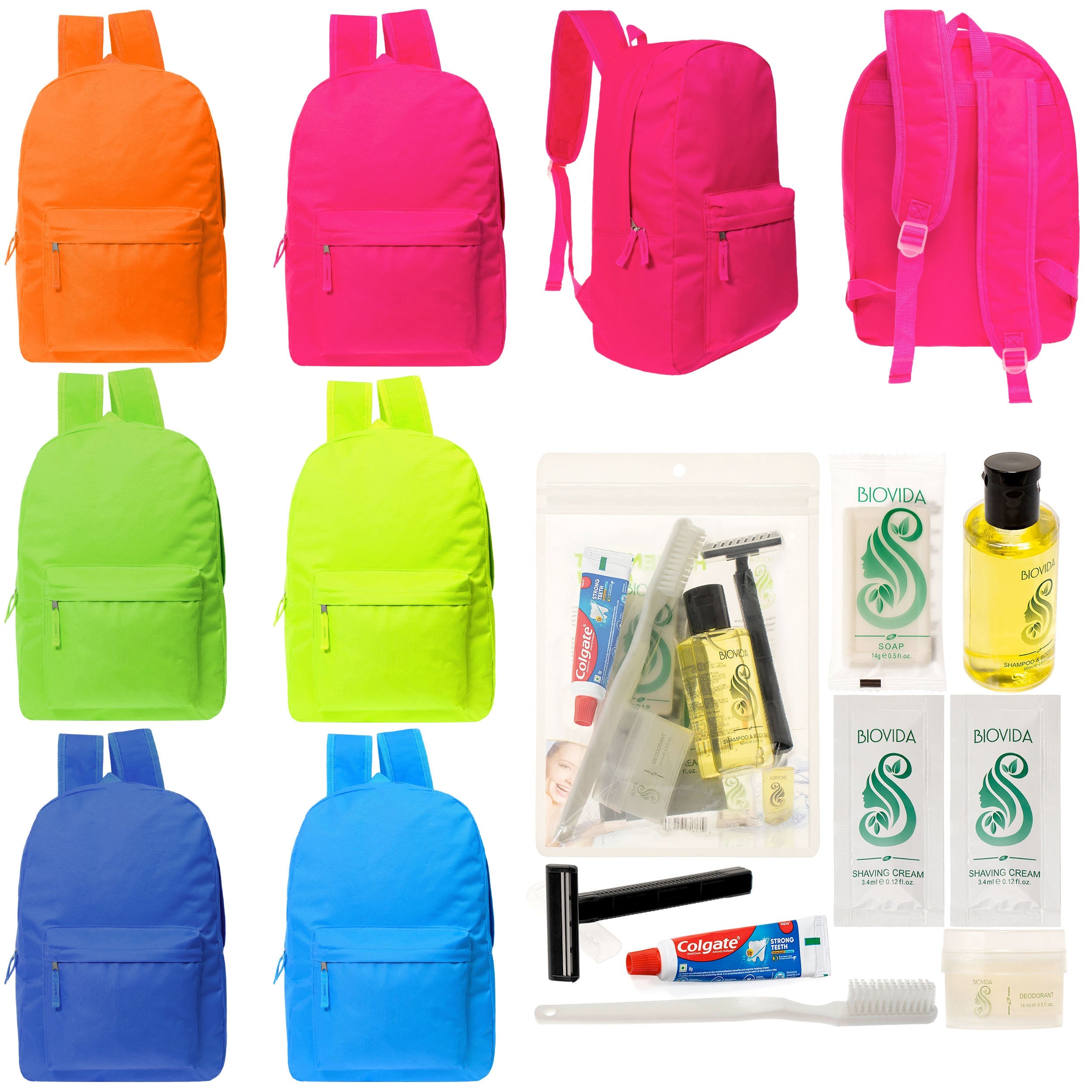 12 Bright Color 17" Backpacks in 6 Colors & Your Choice of 12 Bulk Hygiene Kits - Wholesale Care Package: Homeless, Emergency, Charity