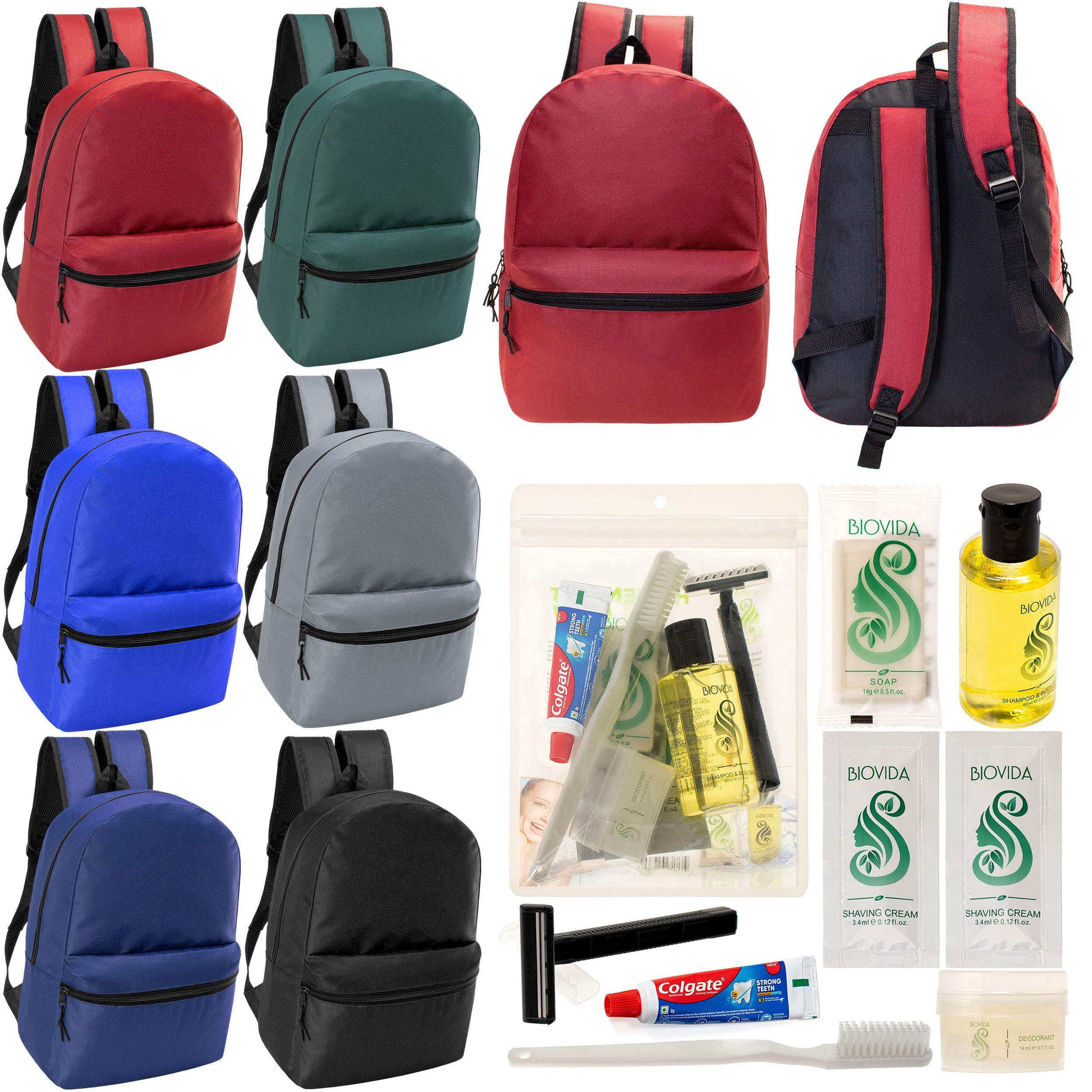 12 Basic 18.5" Backpacks in 6 Assorted Colors & Your Choice of 12 Bulk Hygiene Kits - Wholesale Care Package: Homeless, Emergency, Charity