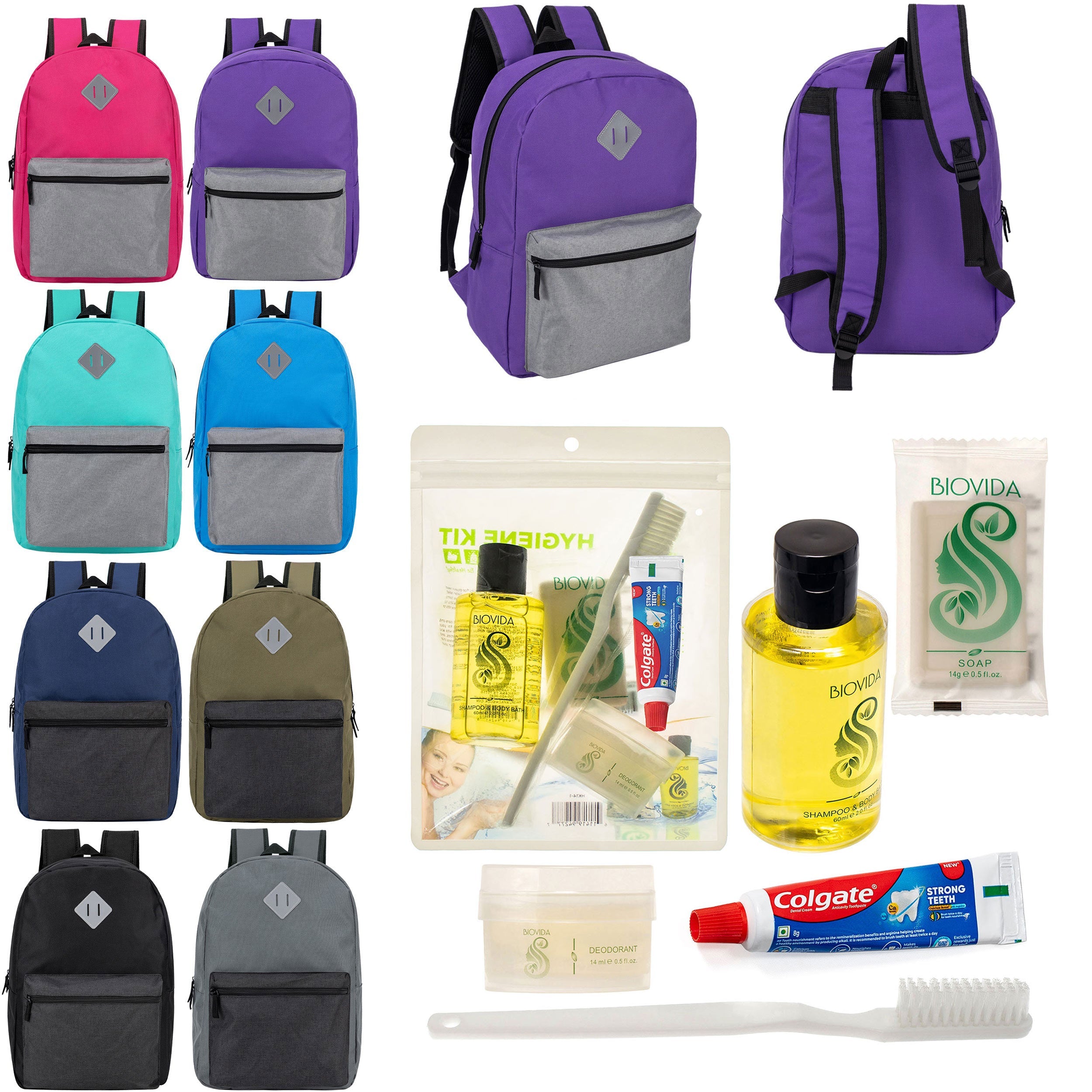 12 Diamond Patch 17" Backpacks in Multi Colors & Your Choice of 12 Bulk Hygiene Kits - Wholesale Care Package: Homeless, Emergency, Charity