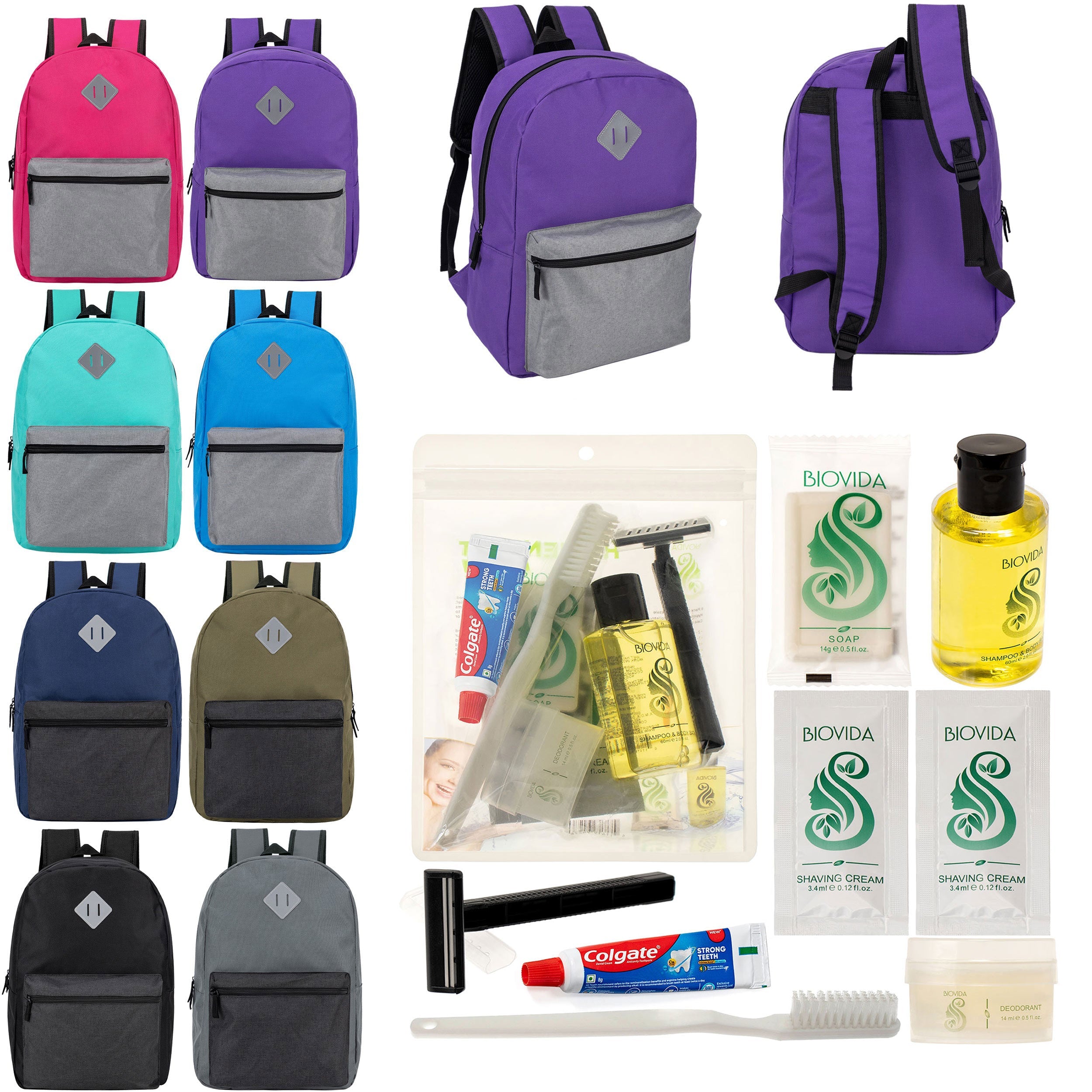 12 Diamond Patch 17" Backpacks in Multi Colors & Your Choice of 12 Bulk Hygiene Kits - Wholesale Care Package: Homeless, Emergency, Charity
