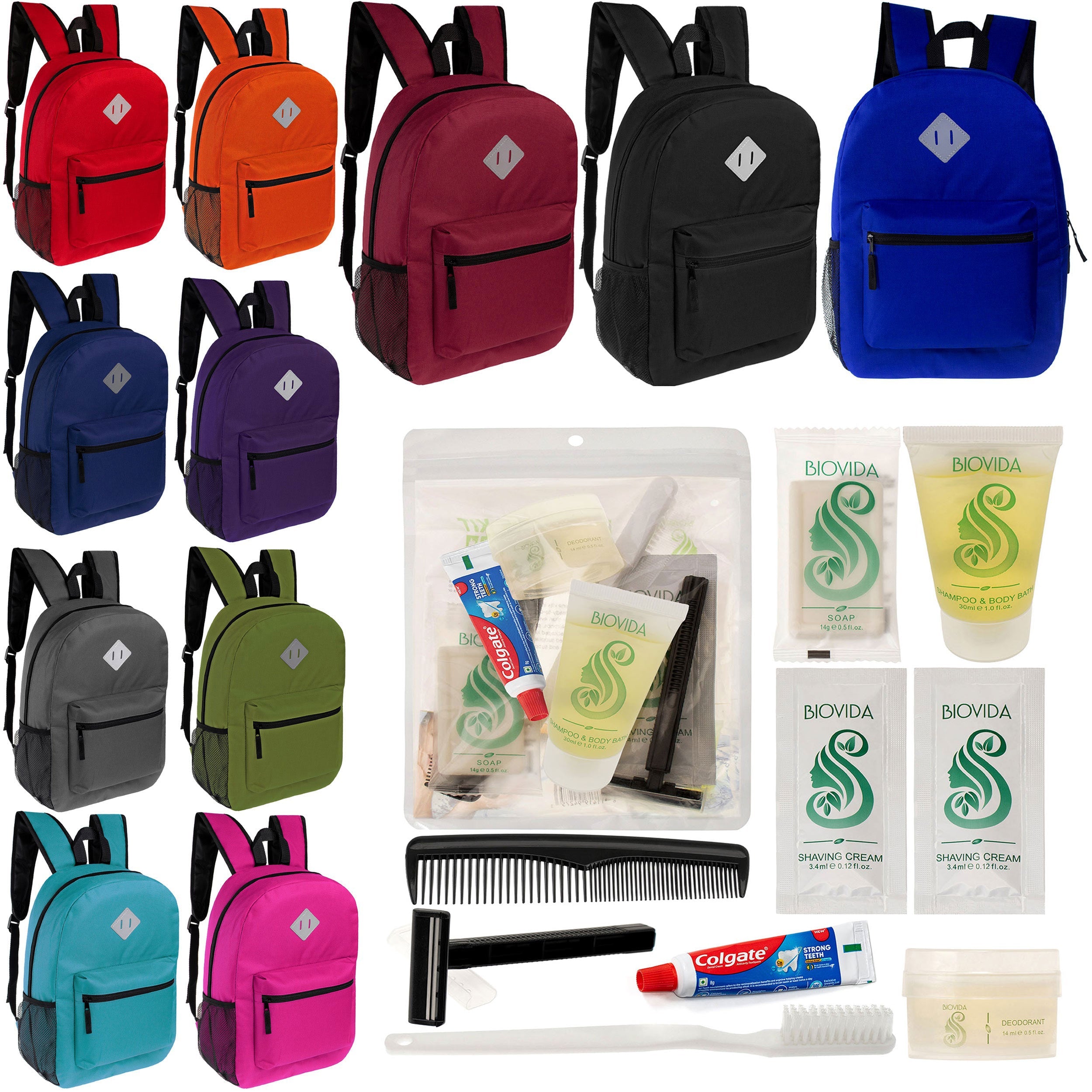 12 Diamond Patch 17" Backpacks in 11 Colors & Your Choice of 12 Bulk Hygiene Kits - Wholesale Care Package: Homeless, Emergency, Charity